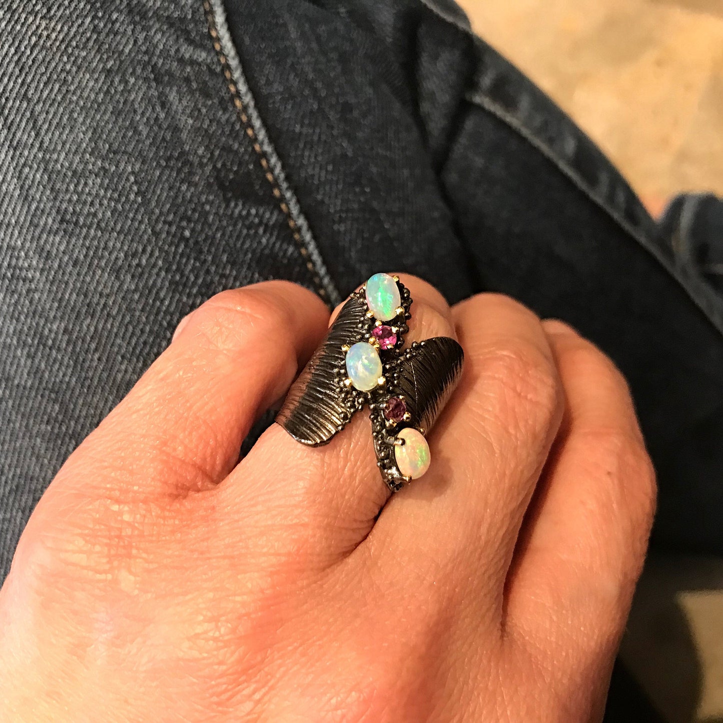 Sterling silver natural opal and amethyst Modernist Ring Artisan 6 Colors Of Etnika