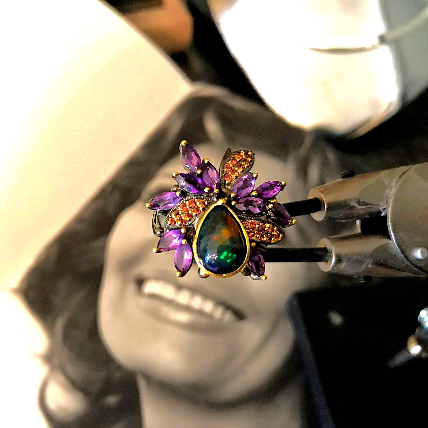 Sterling Silver Amethyst Statement Black Fire opal flower ring 7.5