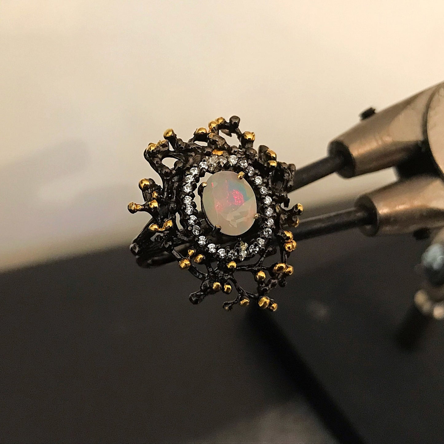 Natural opal CZ abstract Sterling Silver artisan statement ring 7.5