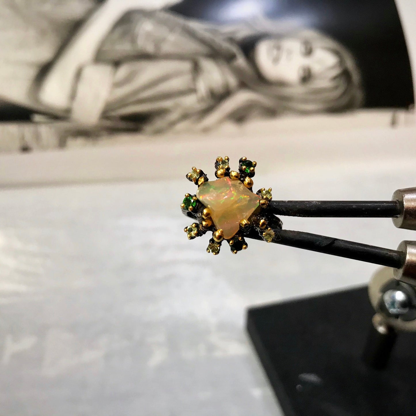 Rough Rainbow Opal Sterling Silver Ring: Peridot & Chrome Diopside, Size 7