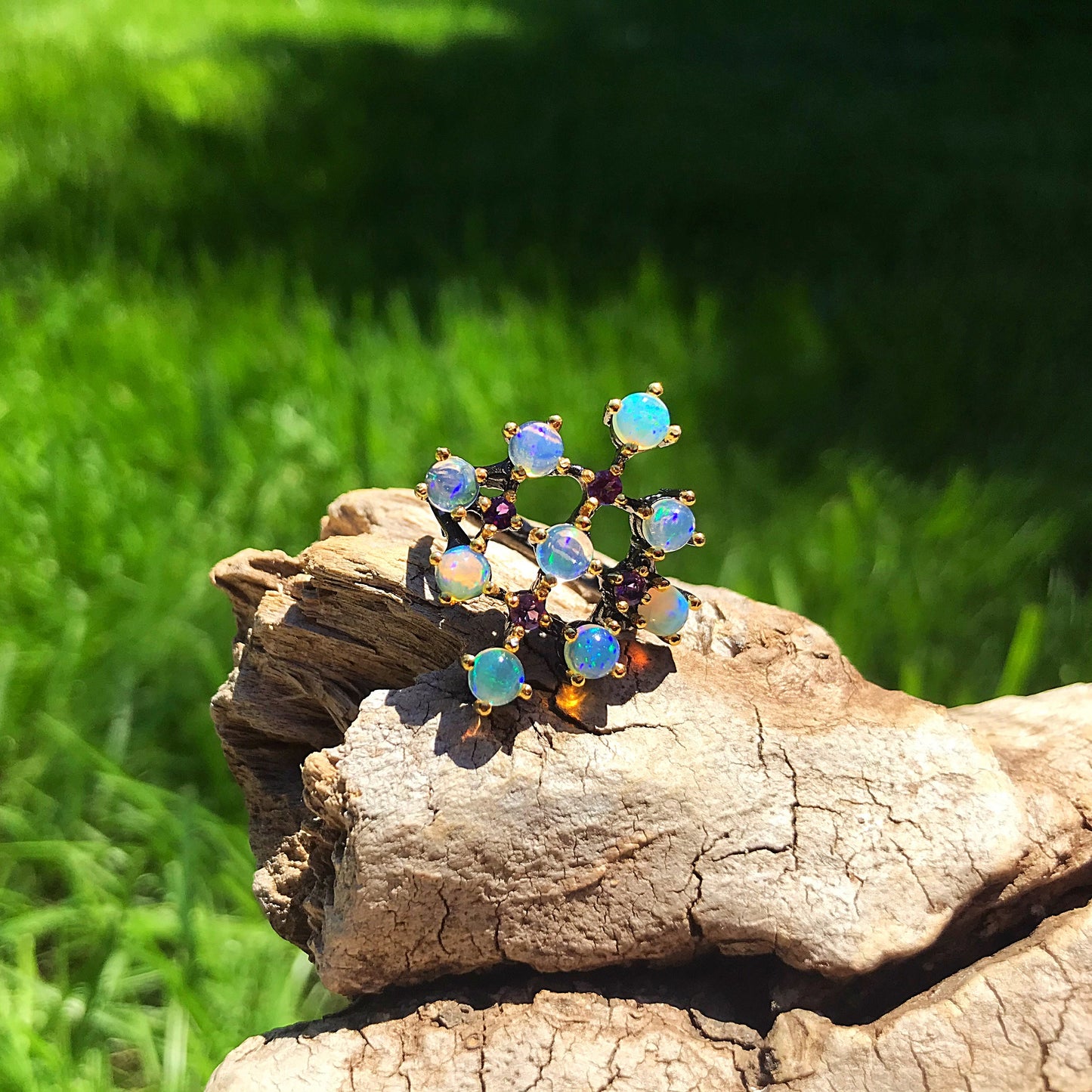 Handmade Sterling Silver rainbow Natural Opal Amethyst ring 7