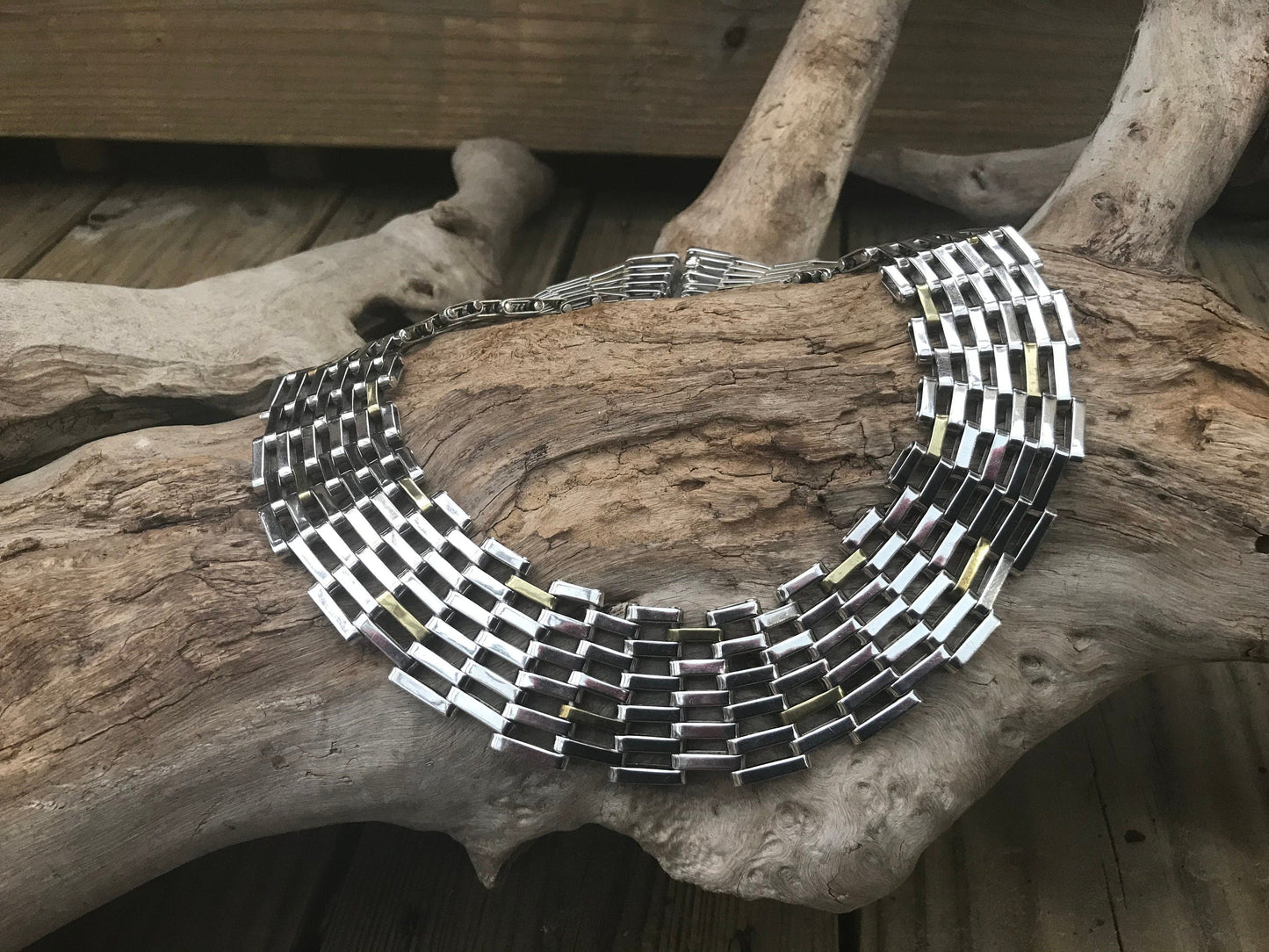 Sterling silver and brass statement runway modernist choker necklace vintage Colors Of Etnika