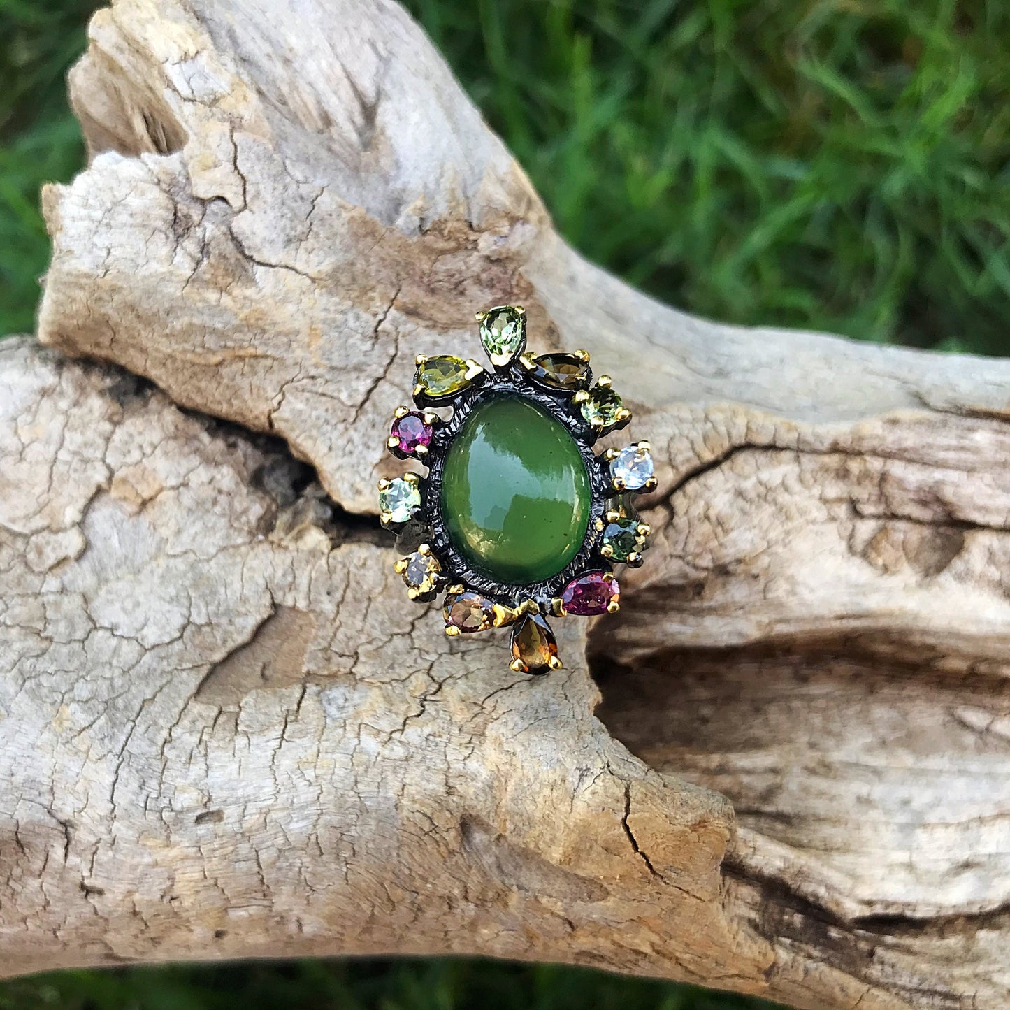 Sterling Silver chrysoprase Tourmaline topaz peridot statement Ring size 7.5
