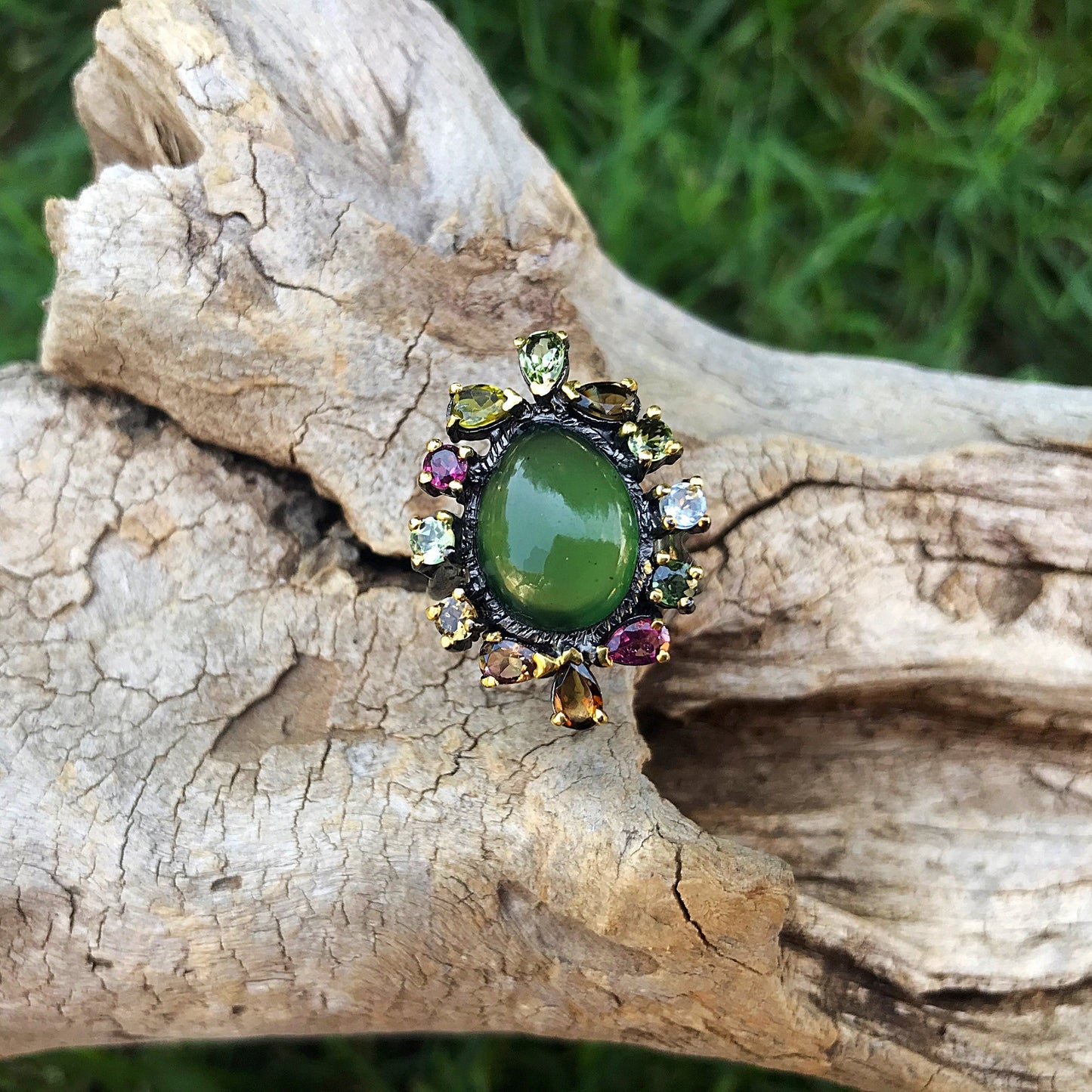 Sterling Silver chrysoprase Tourmaline topaz peridot statement Ring size 7.5 Colors Of Etnika