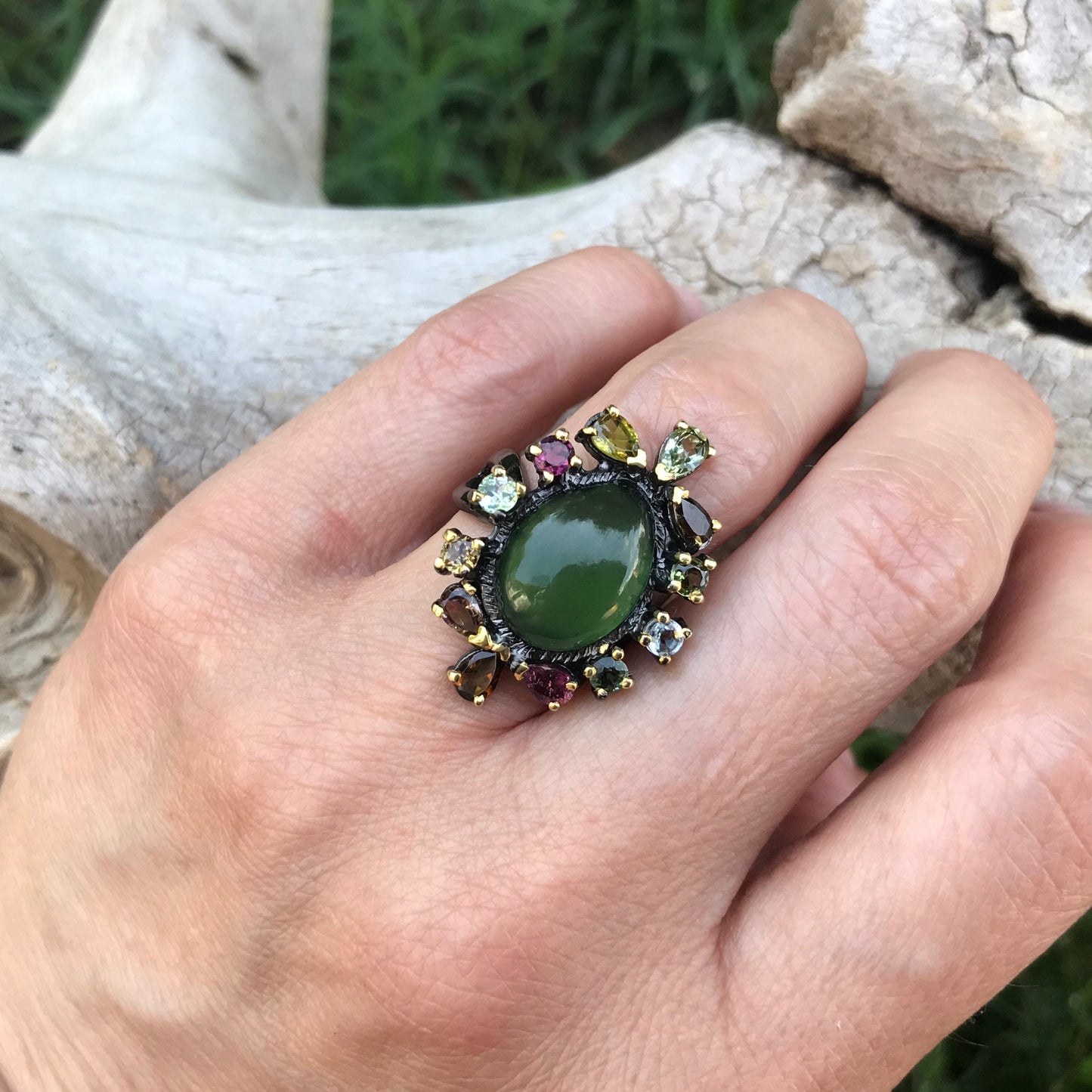 Sterling Silver chrysoprase Tourmaline topaz peridot statement Ring size 7.5