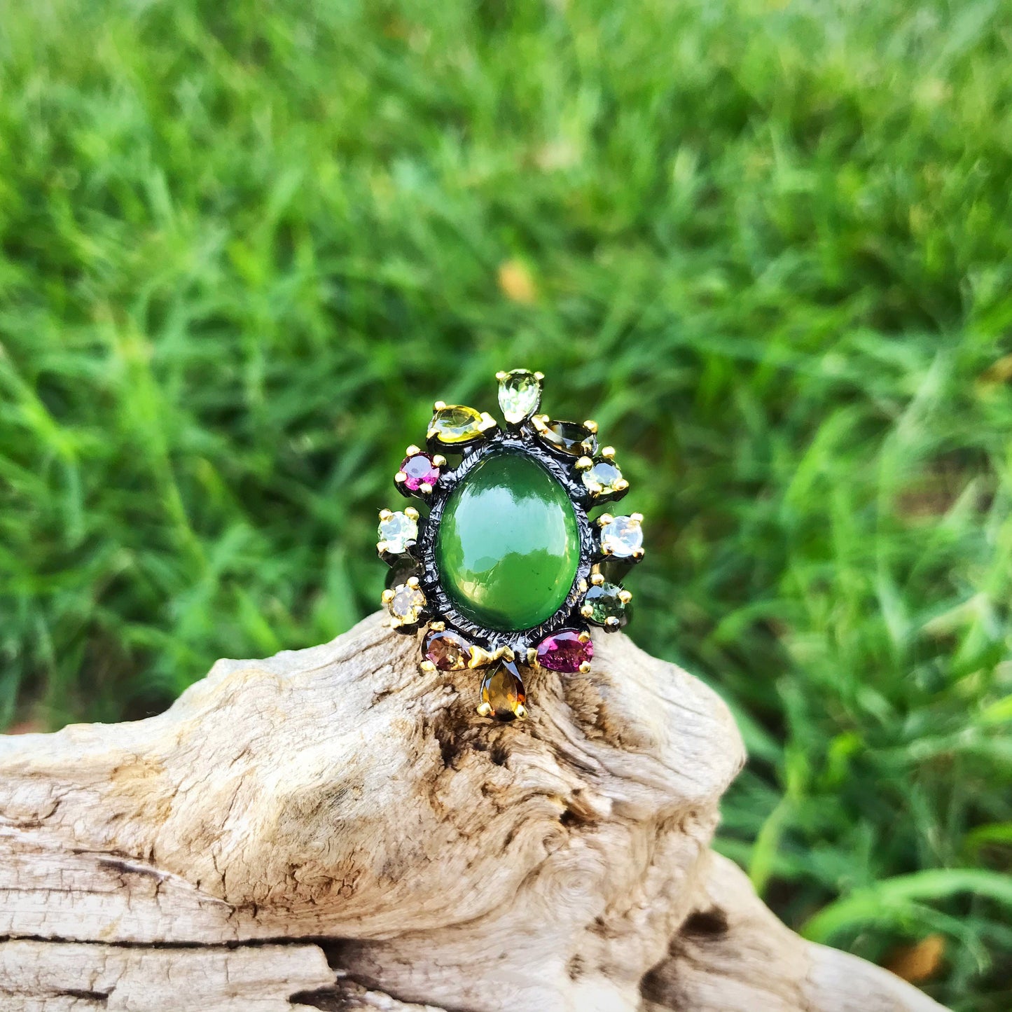 Sterling Silver chrysoprase Tourmaline topaz peridot statement Ring size 7.5