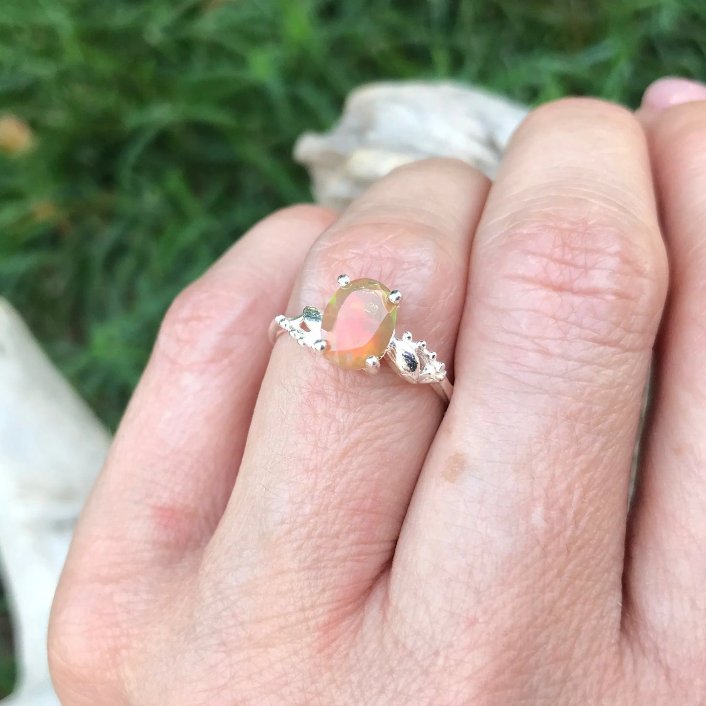 Sterling Silver modernist Handmade Fire rainbow Opal Artisan dainty ring 7 Colors Of Etnika