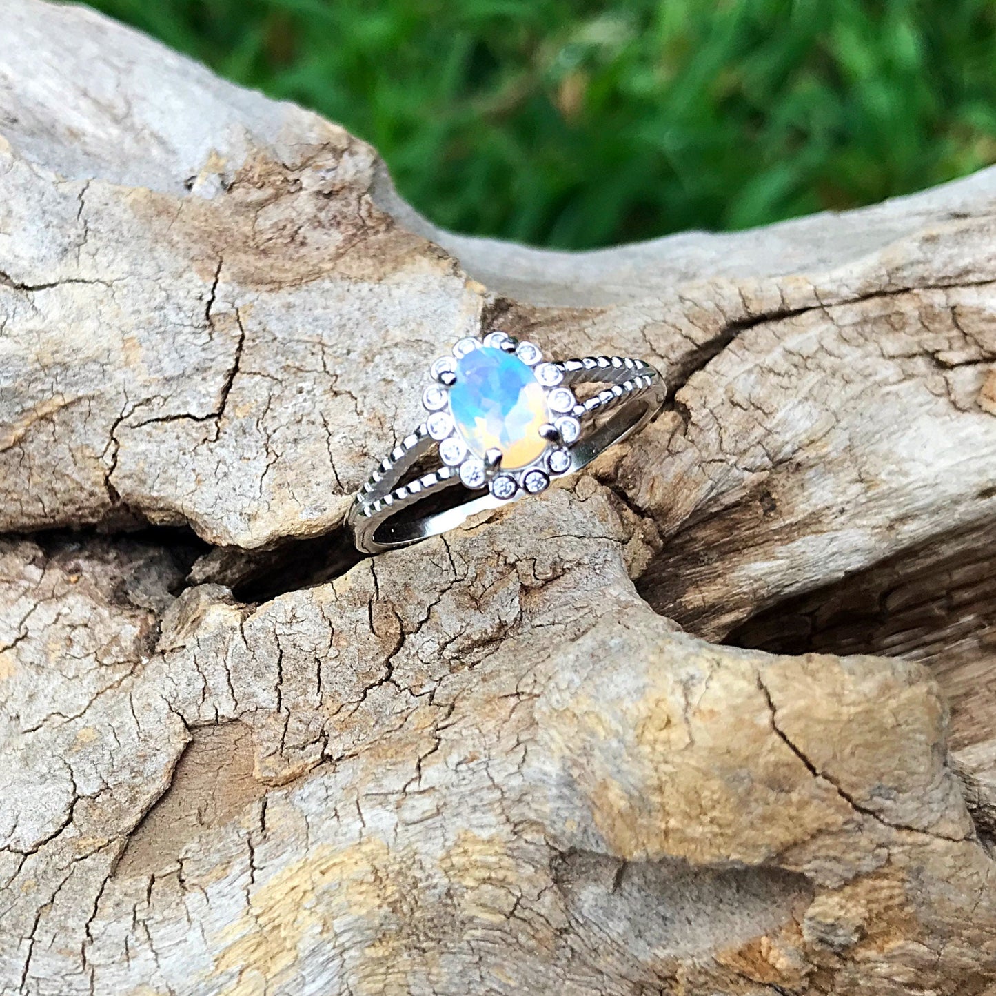 Sterling Silver natural opal CZ promise ring engagement 8