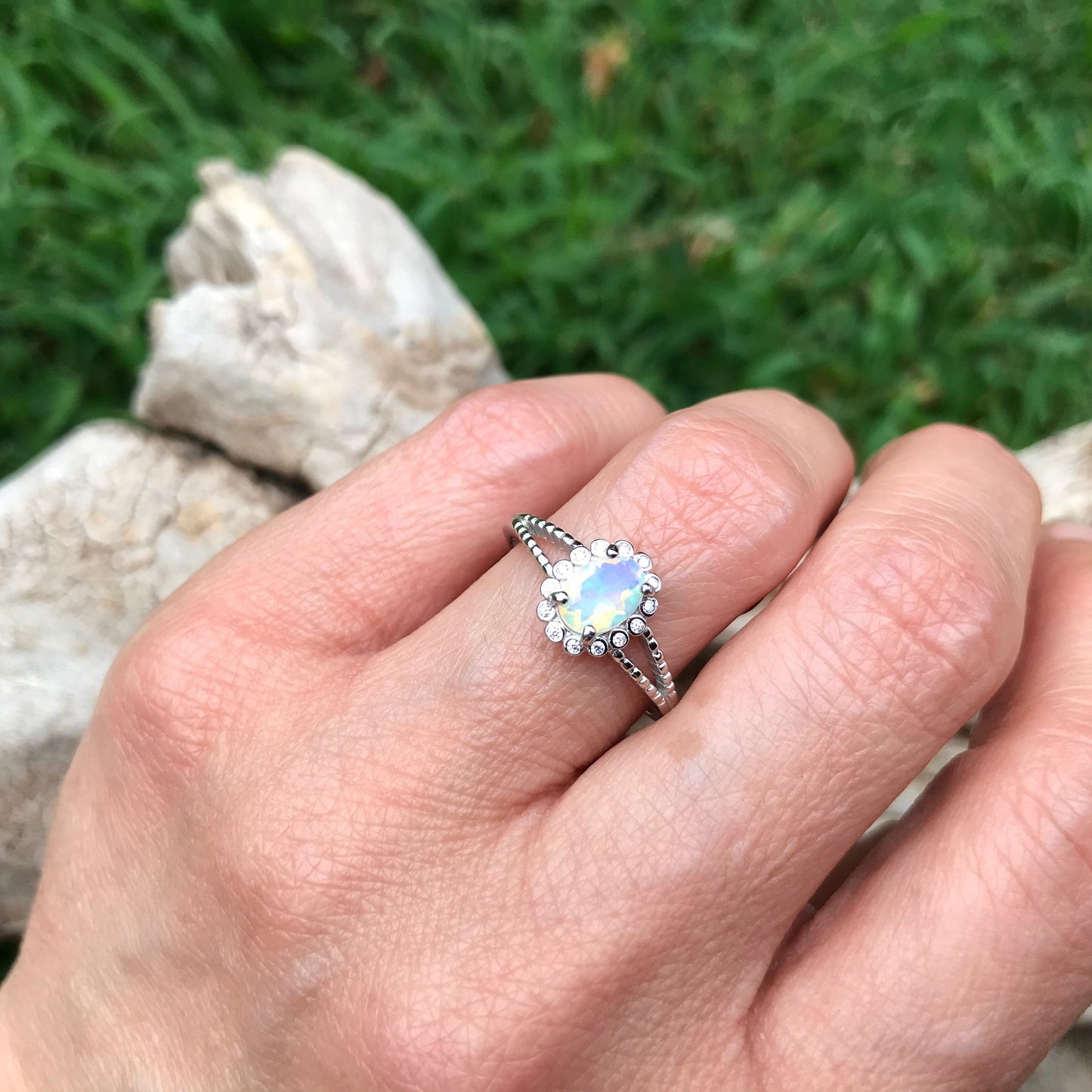 Sterling Silver natural opal CZ promise ring engagement 8