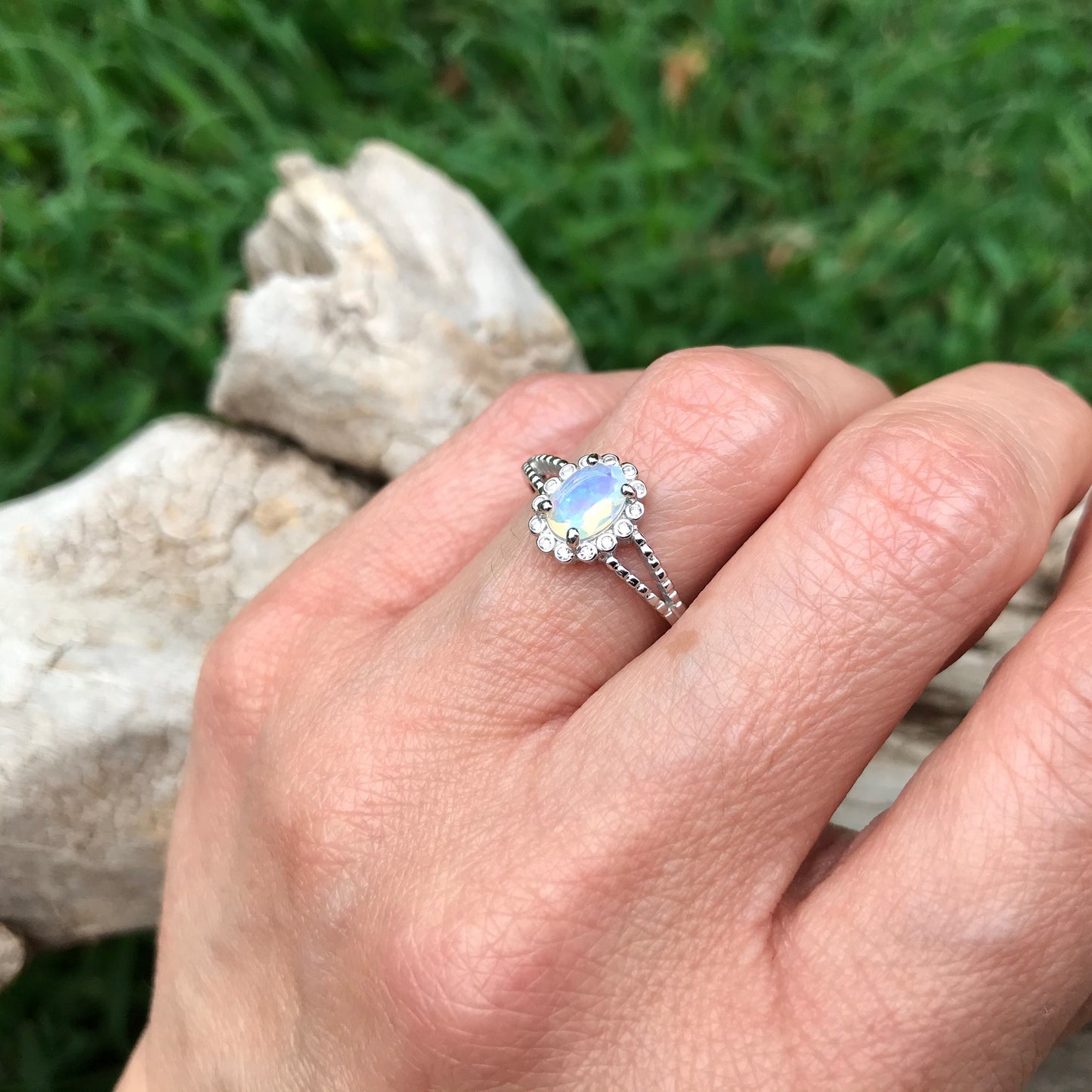 Sterling Silver natural opal CZ promise ring engagement 8
