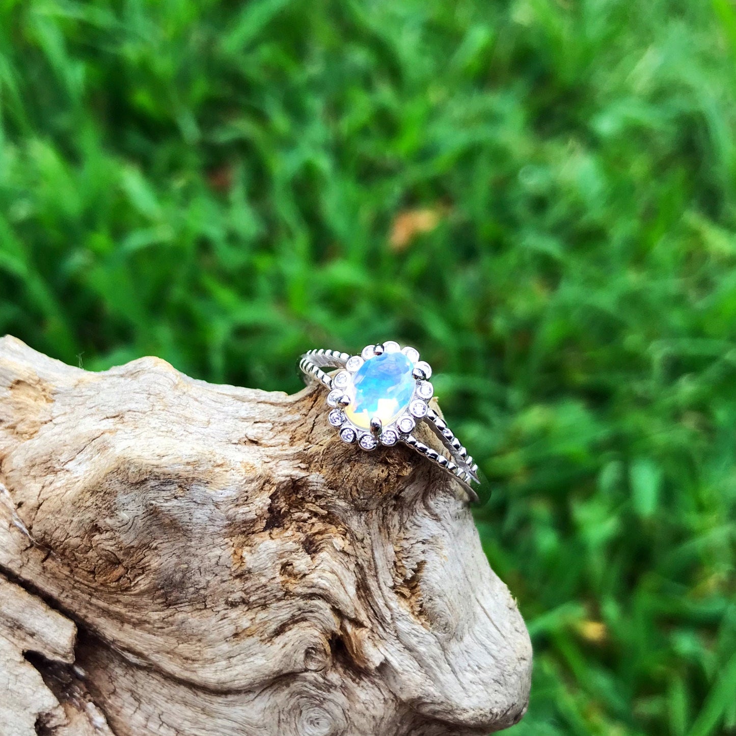 Sterling Silver natural opal CZ promise ring engagement 8