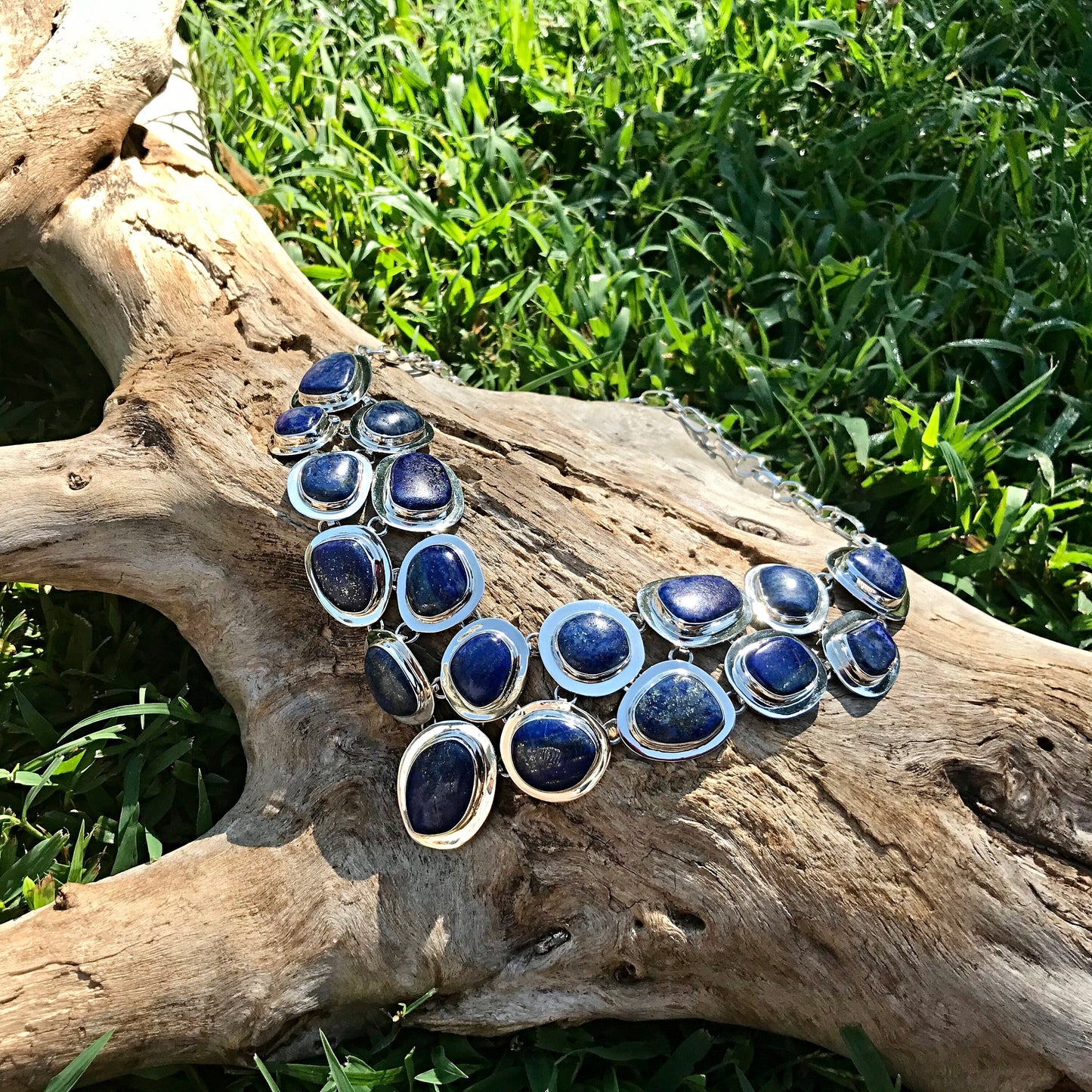 sterling silver Statement Natural Blue Lapis Lazuli Necklace Collar