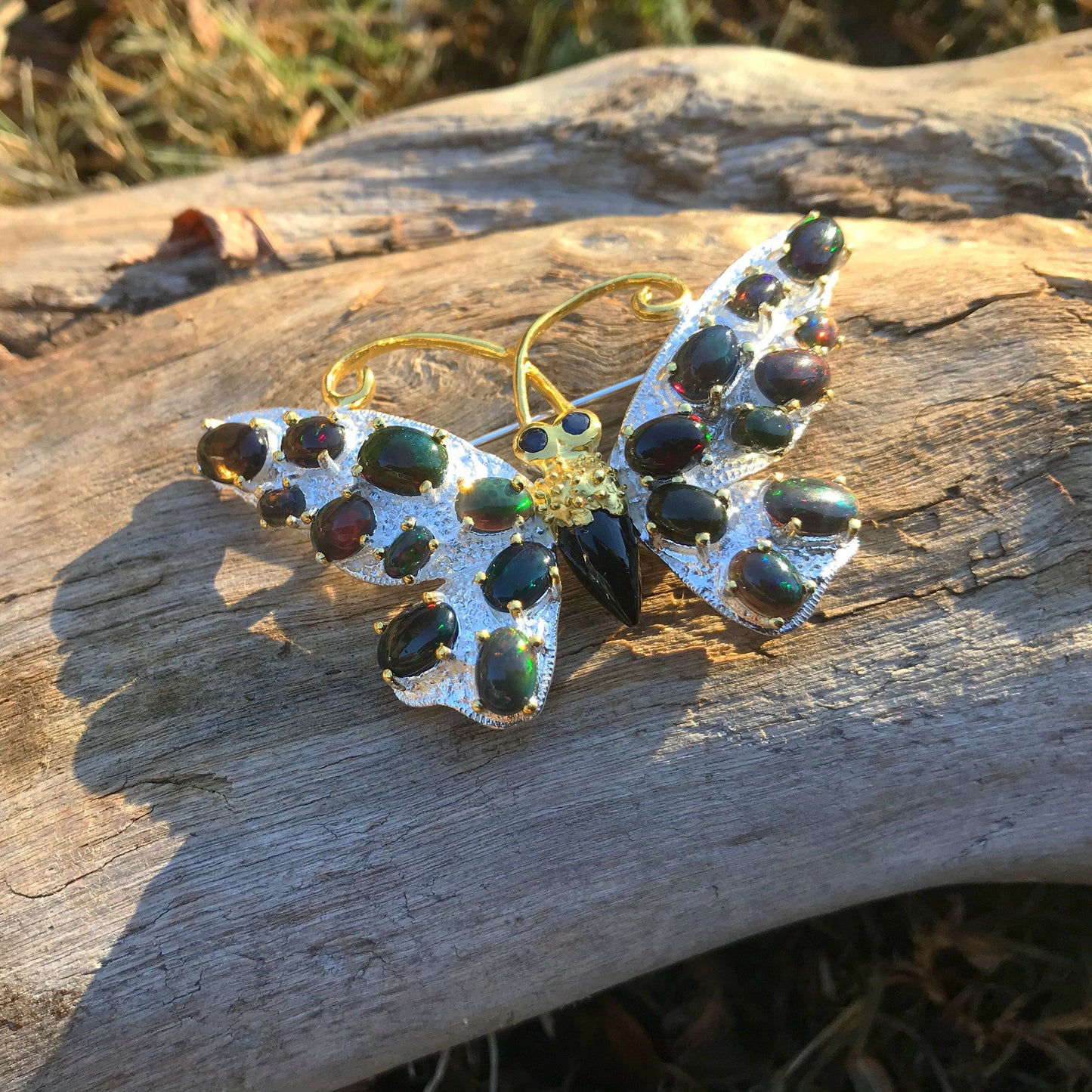 Sterling silver Natural Rainbow Black Opal butterfly brooch pin Colors Of Etnika