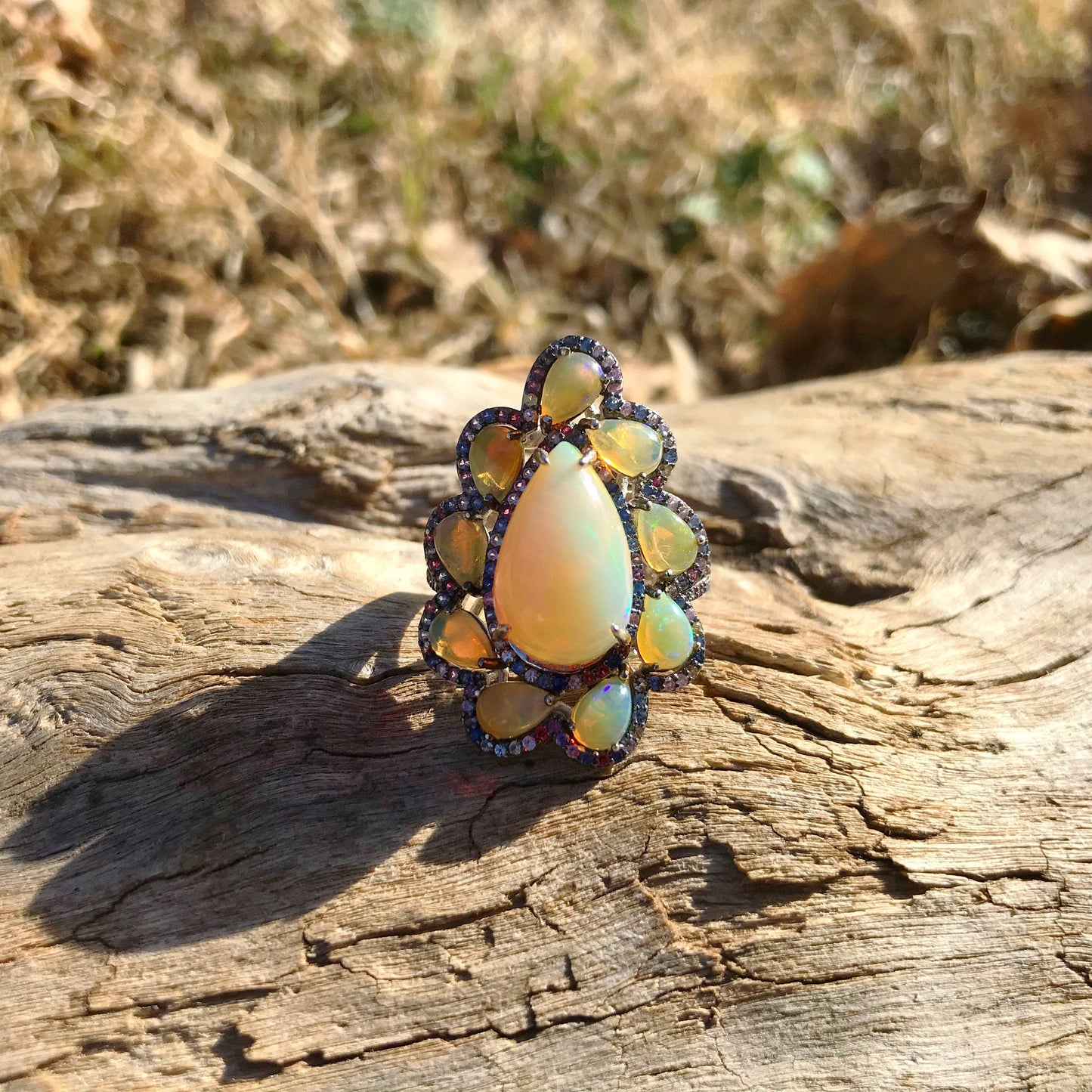 sterling silver Natural Fire Opal blue sapphire statement ring 8 Colors Of Etnika