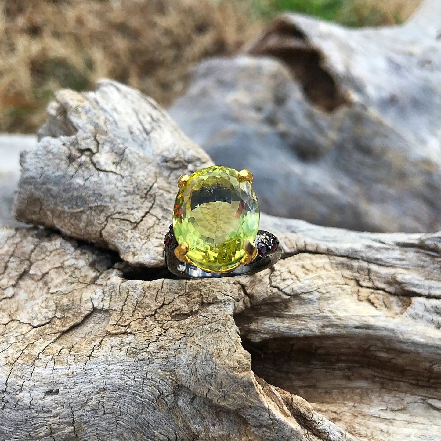 Handmade Sterling Silver Natural lemon quartz statement Ring 7 Colors Of Etnika