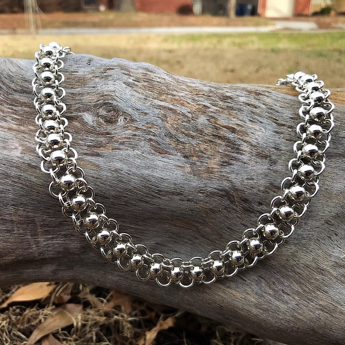 Sterling Silver Vintage Taxco Collar modernist heavy chain bead Necklace