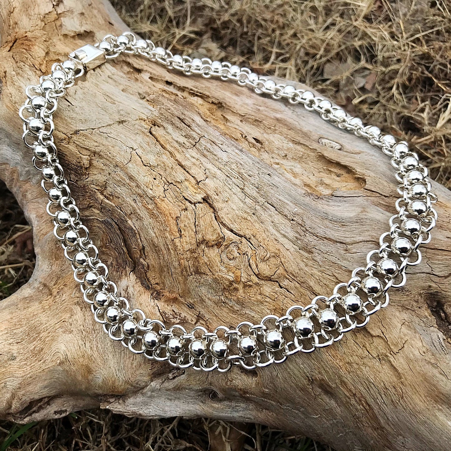 Sterling Silver Vintage Taxco Collar modernist heavy chain bead Necklace
