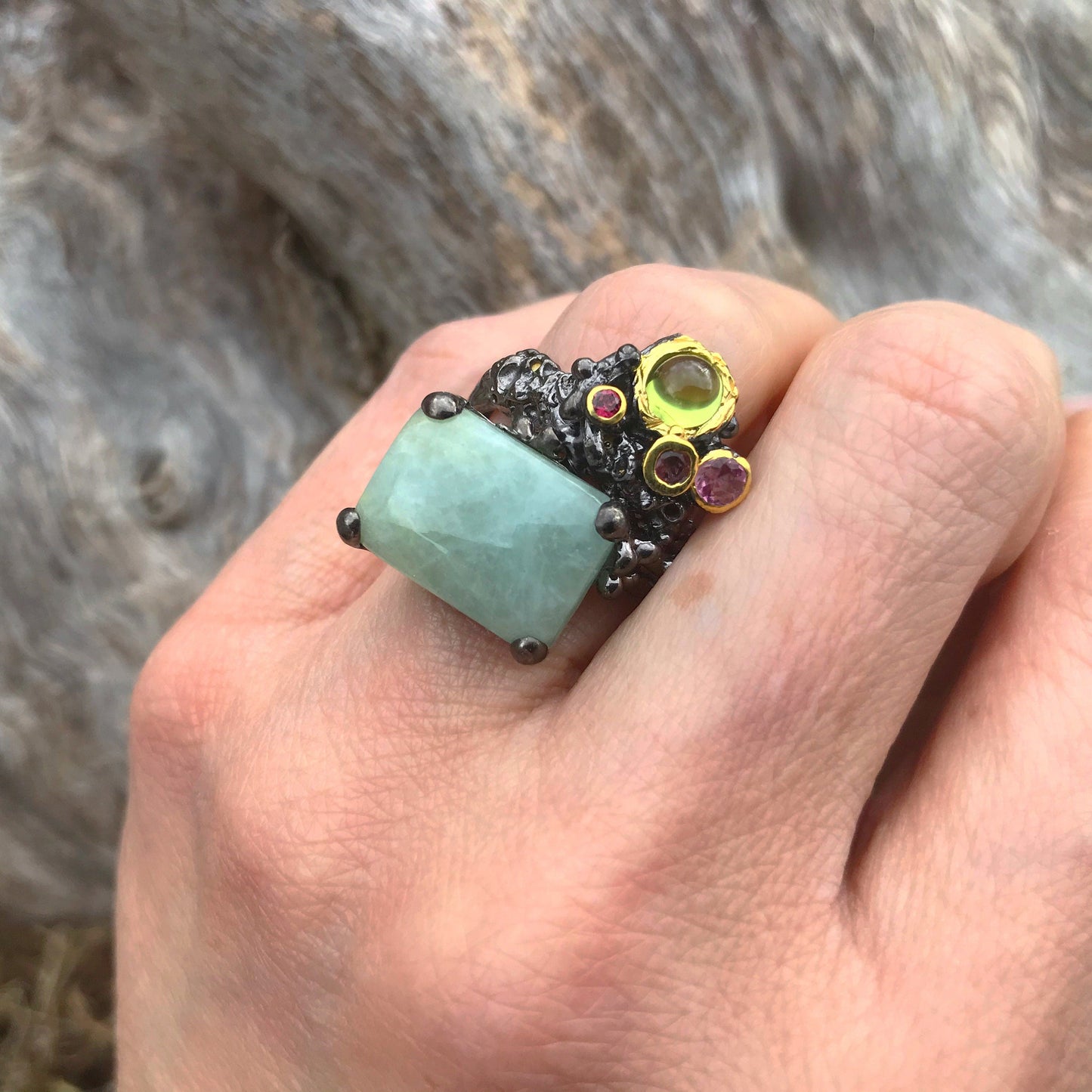 sterling silver statement Aquamarine tourmaline ring 7 Colors Of Etnika