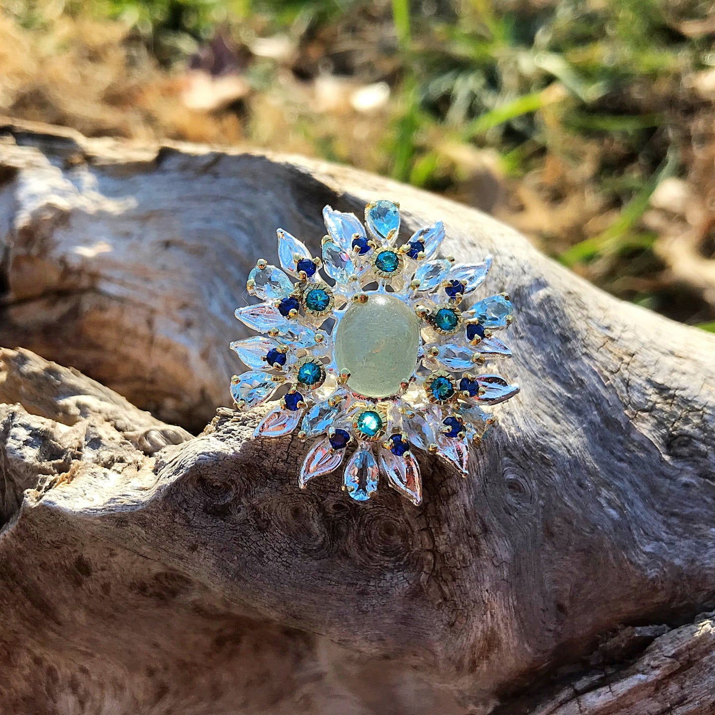 Sterling Silver Flower Natural Aquamarine Statement ring 6.5 Colors Of Etnika