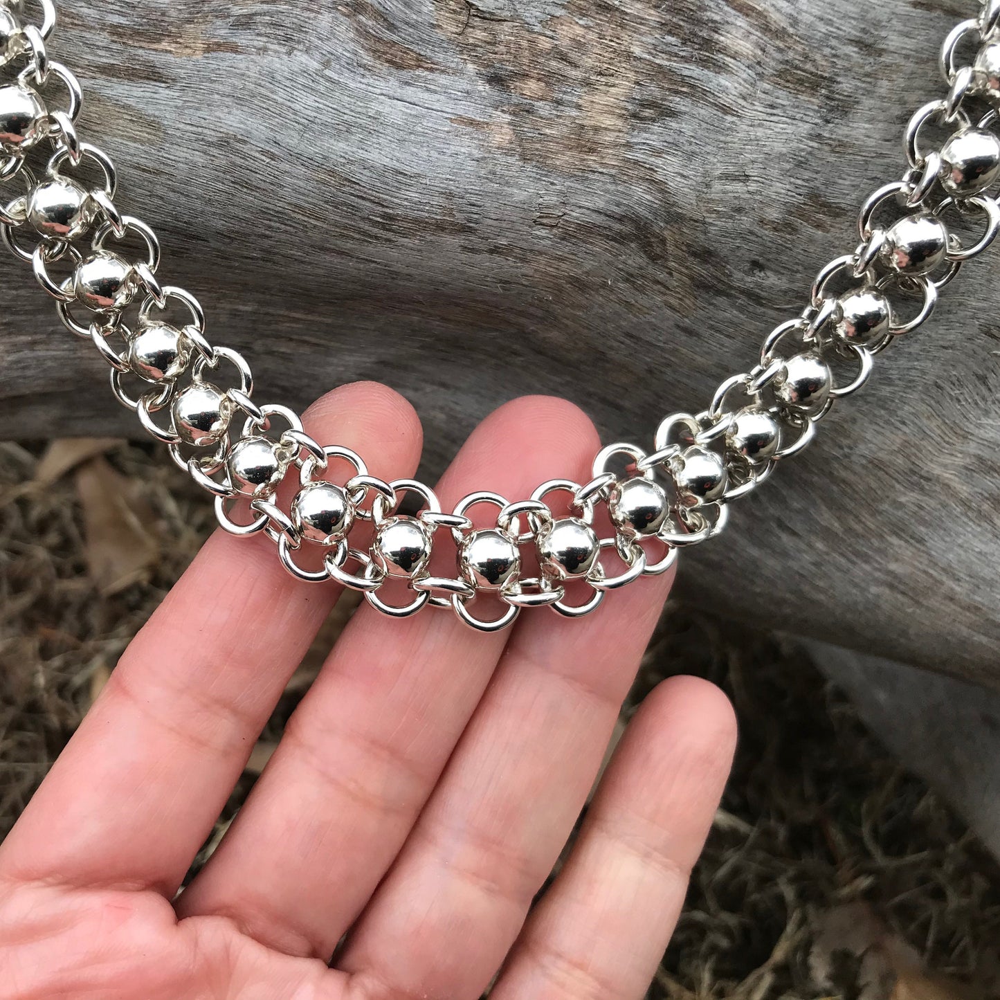 Sterling Silver Vintage Taxco Collar modernist heavy chain bead Necklace