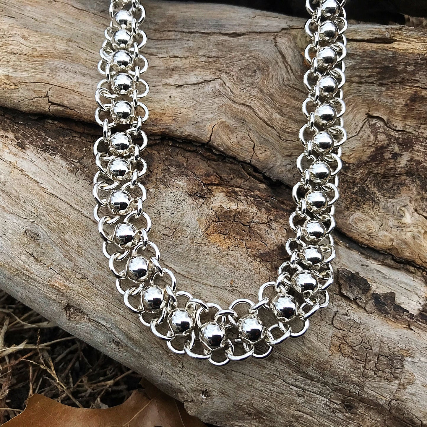 Sterling Silver Vintage Taxco Collar modernist heavy chain bead Necklace