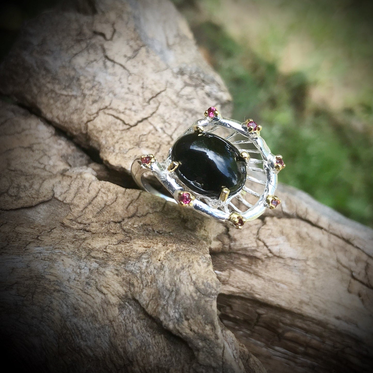 Sterling Silver Handmade natural black spinel ring 6.5 Colors Of Etnika