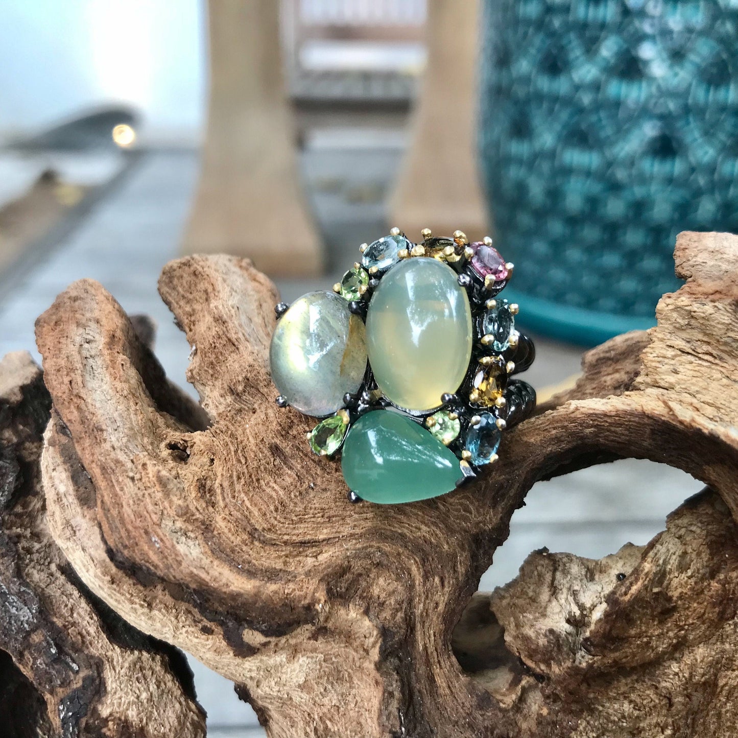 Sterling Silver natural Opal Labradorite Statement 8.5 Colors Of Etnika