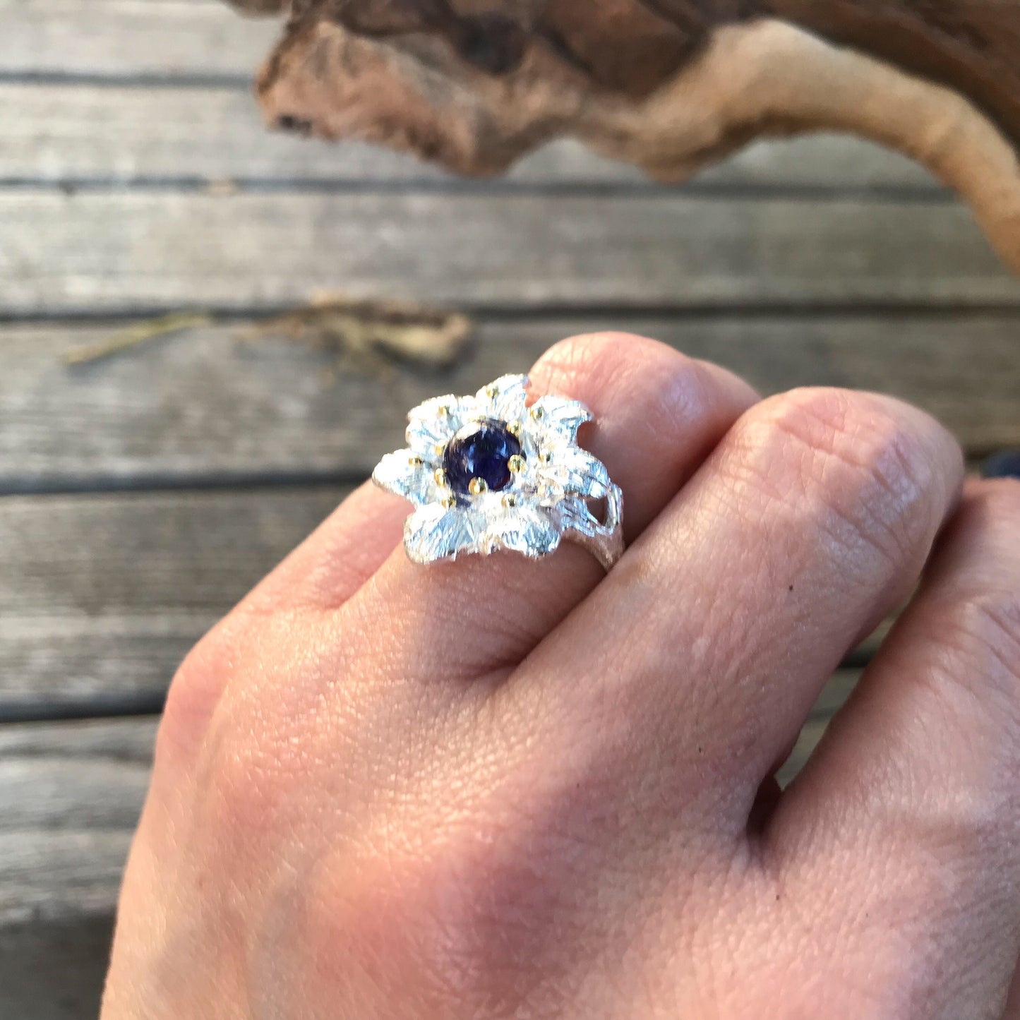 Sterling Silver Natural Sapphire flower Ring 7