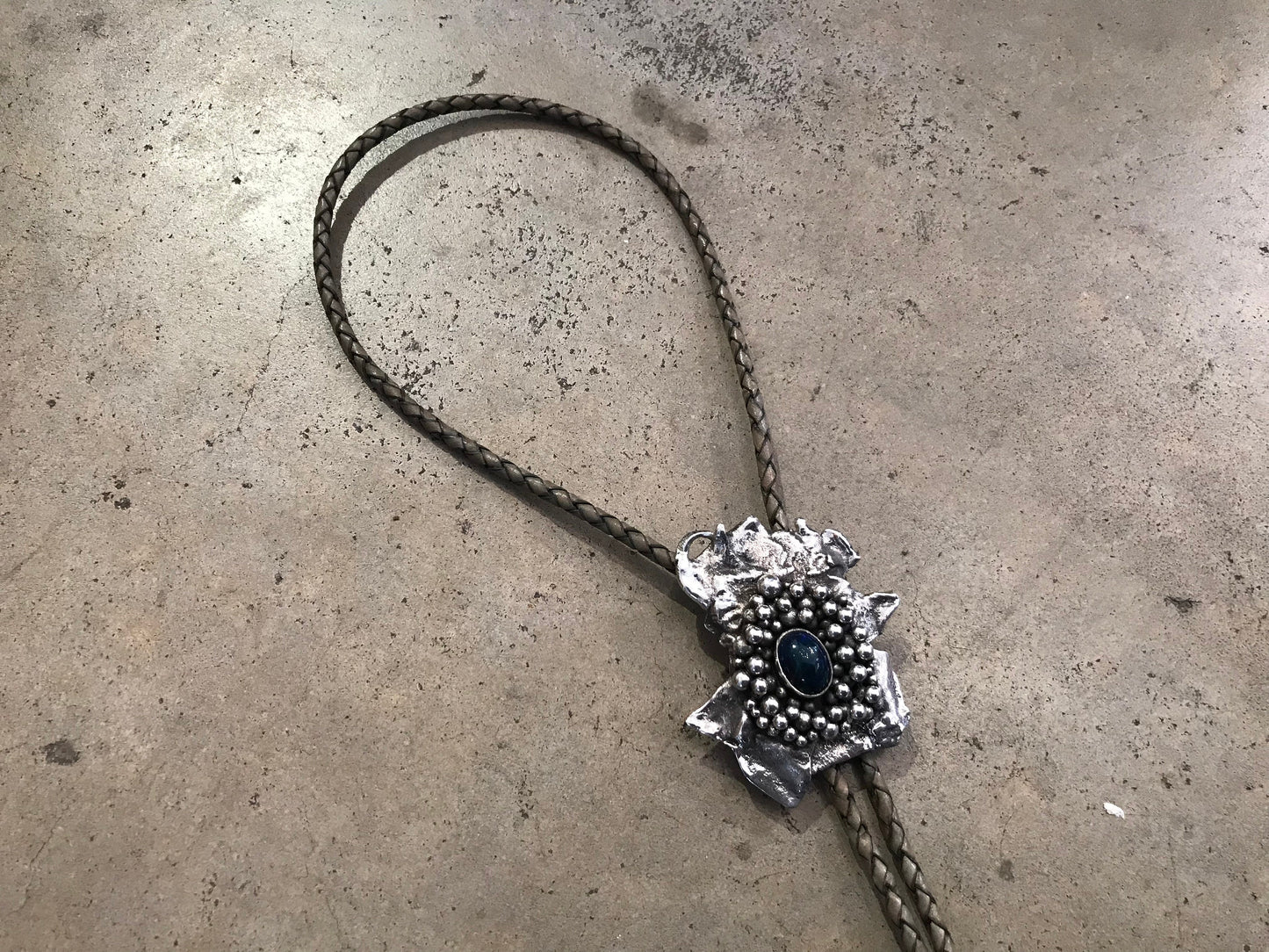 Sterling silver black fire opal brutalist abstract bolo tie necklace