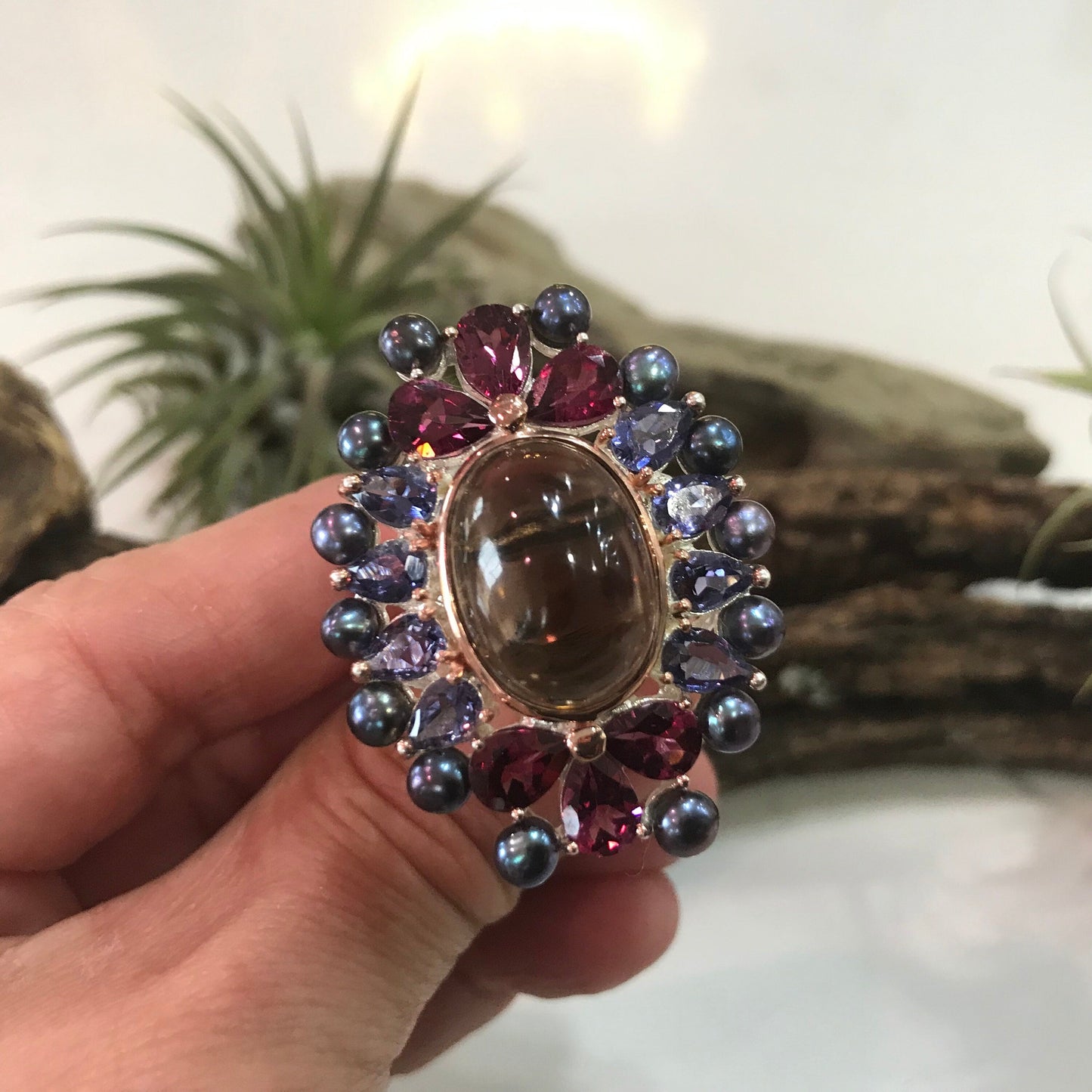 sterling Silver Smokey quartz statement pearl ring 9 Colors Of Etnika