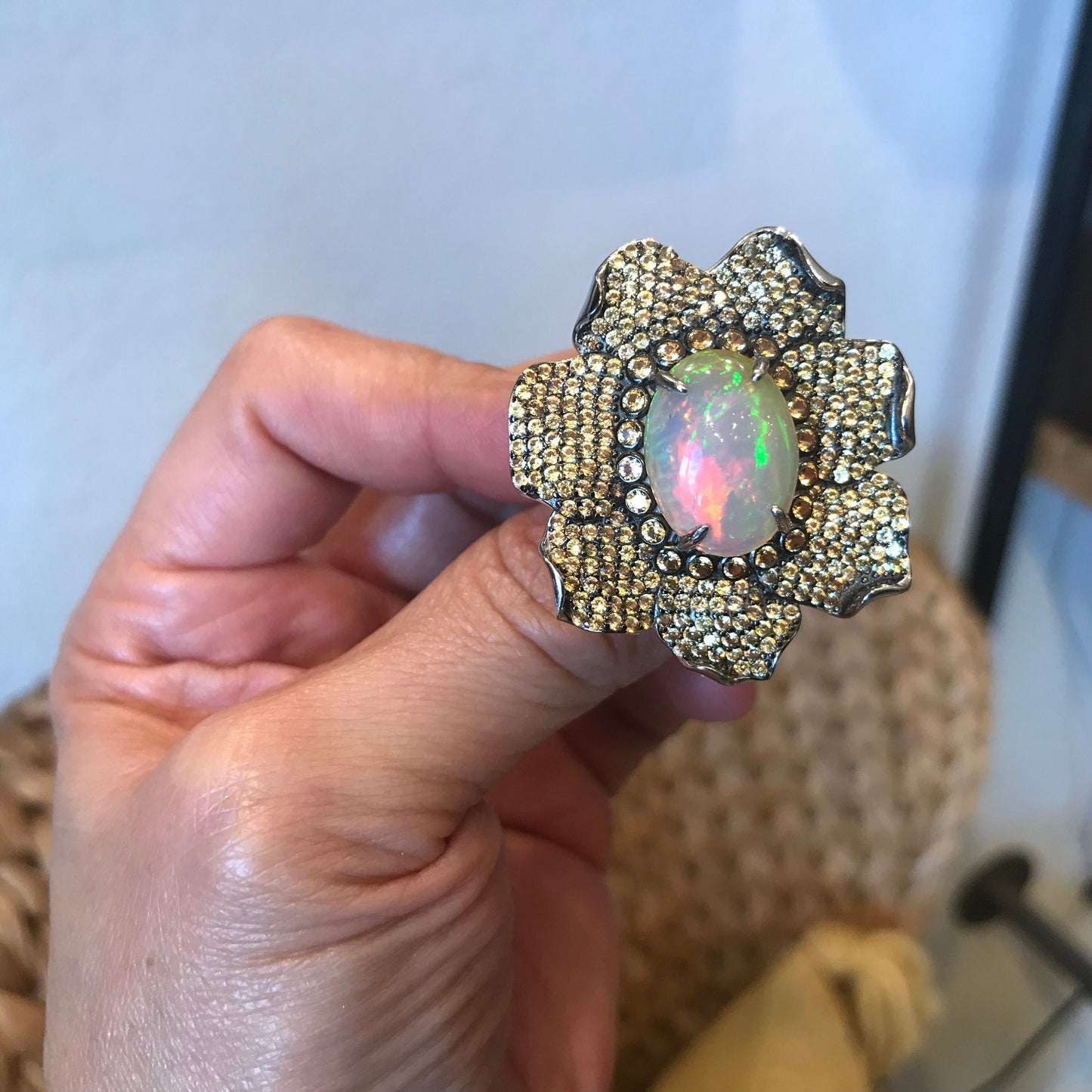 sterling silver Natural Fire Opal sapphire statement ring 9
