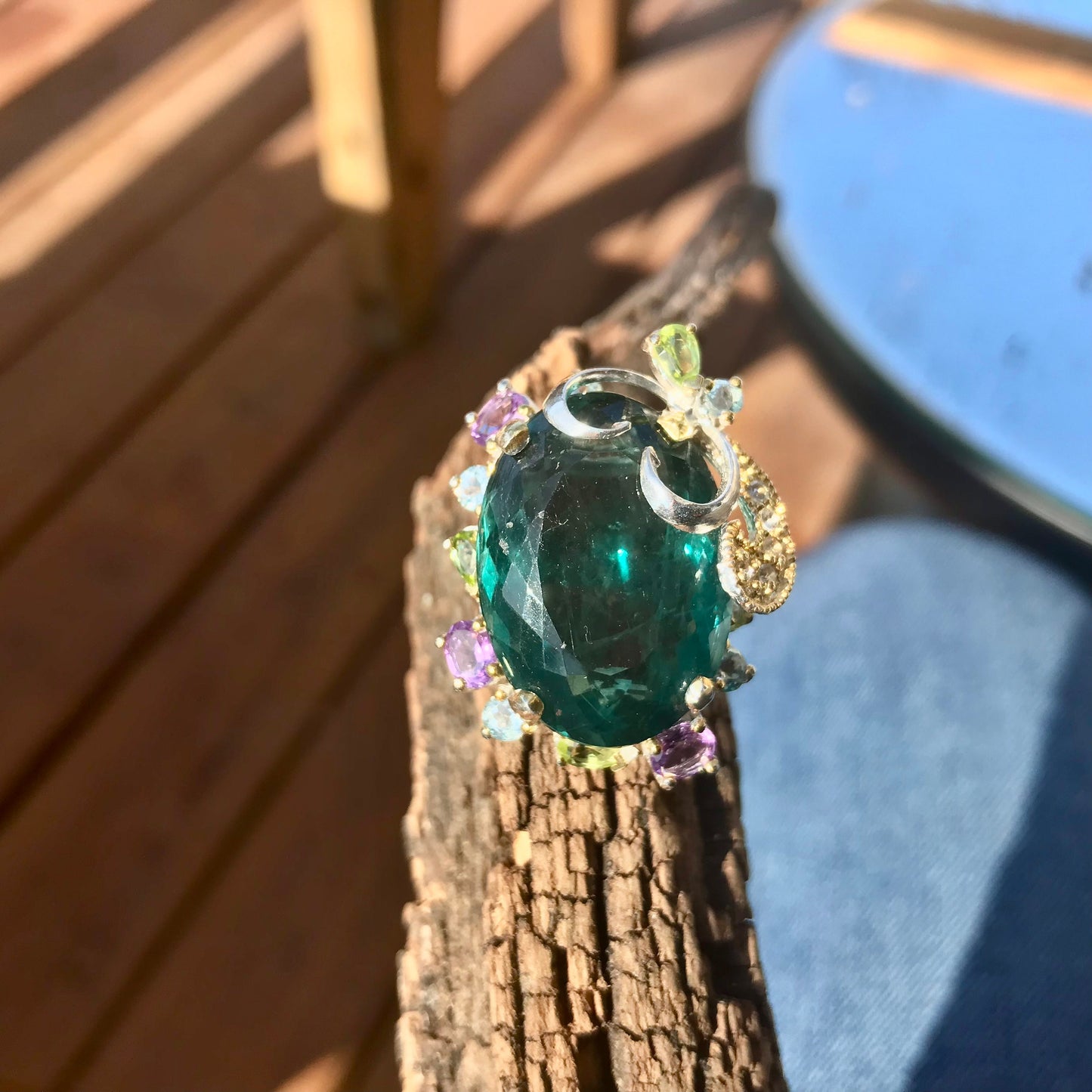 Sterling silver green fluorite huge ring 8
