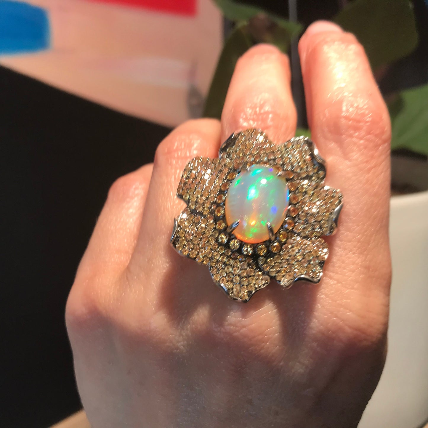 sterling silver Natural Fire Opal sapphire statement ring 9