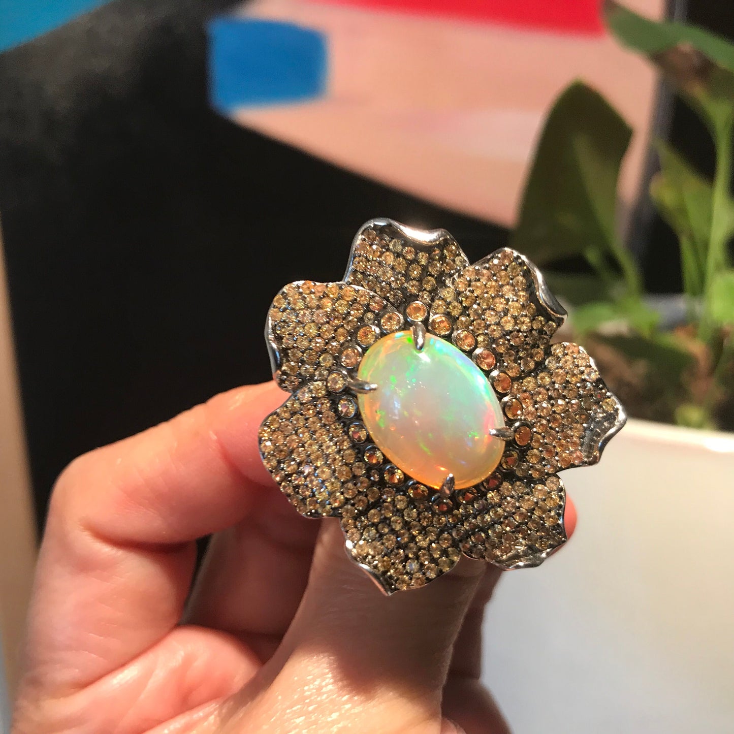 sterling silver Natural Fire Opal sapphire statement ring 9