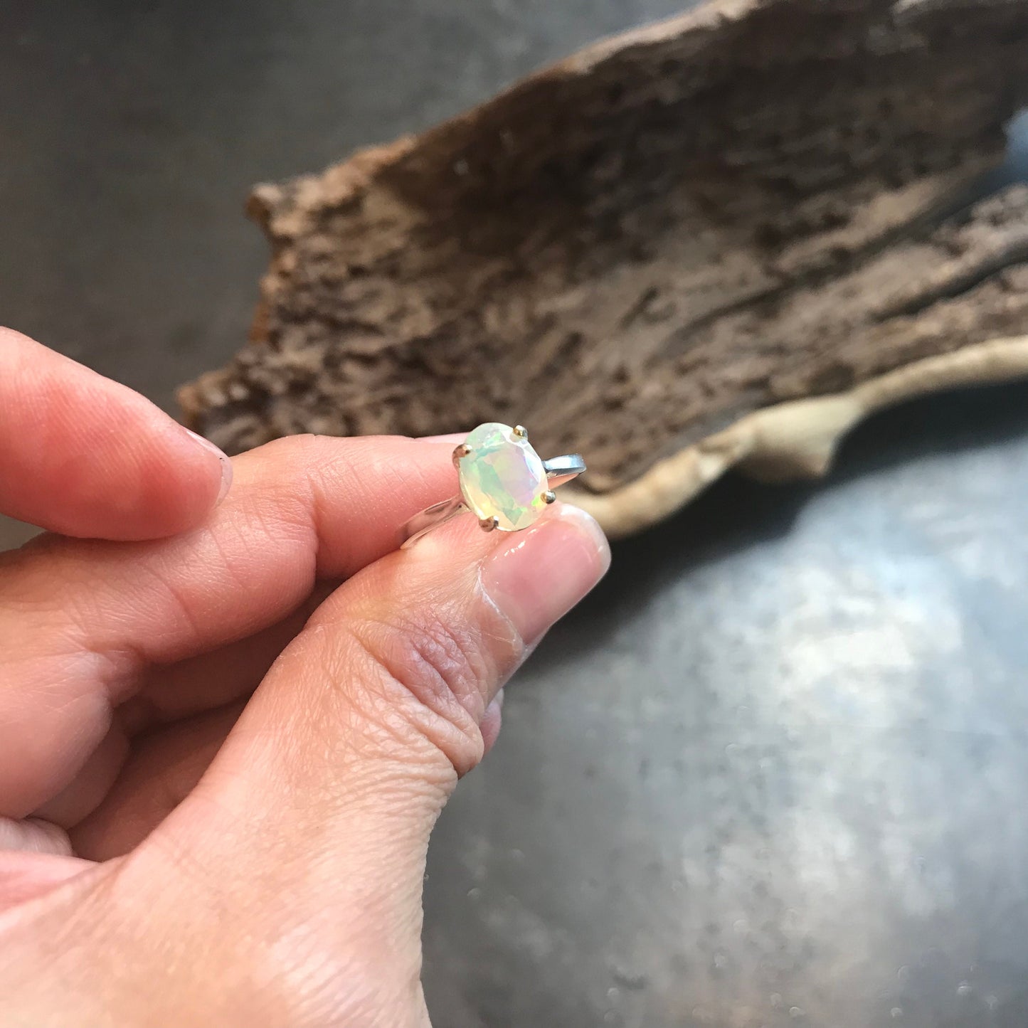 Sterling Silver Fire rainbow opal solitaire promise Ring 8