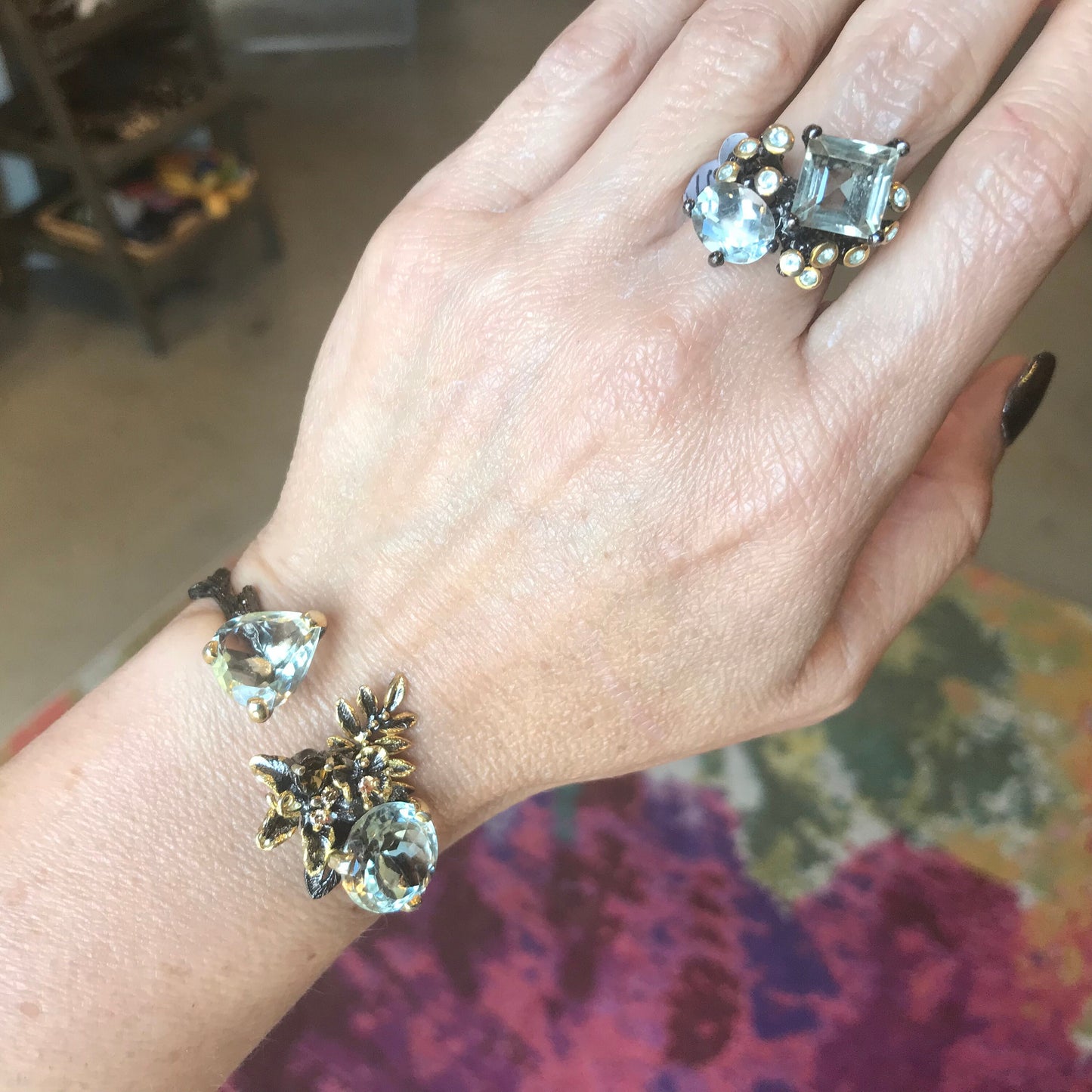 Sterling silver natural twig green amethyst cuff bracelet