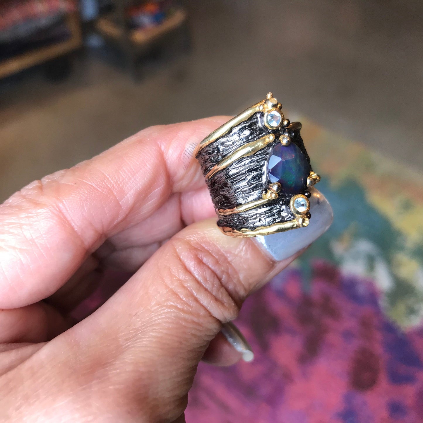 sterling silver natural blue fire opal band ring 7 Colors Of Etnika
