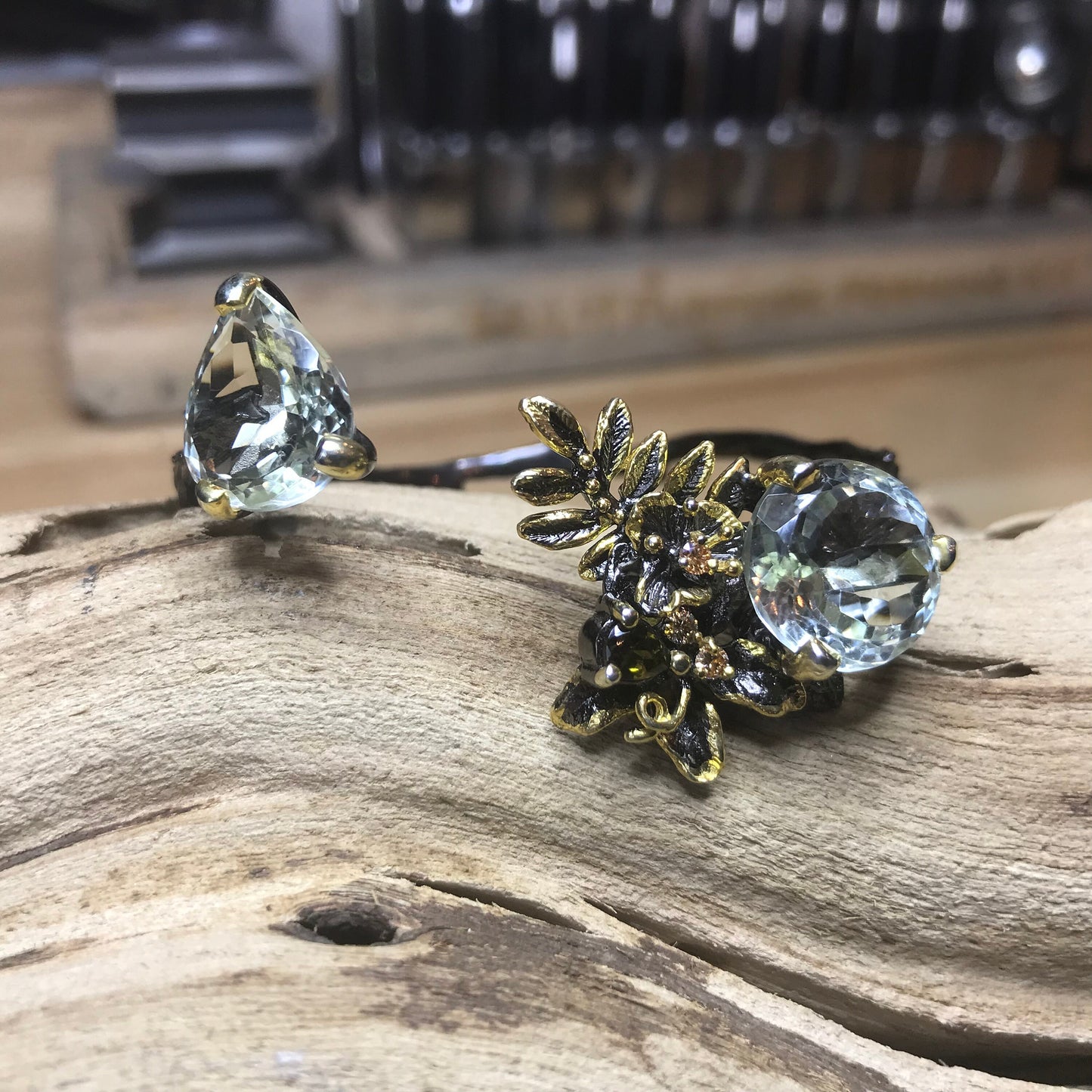 Sterling silver natural twig green amethyst cuff bracelet