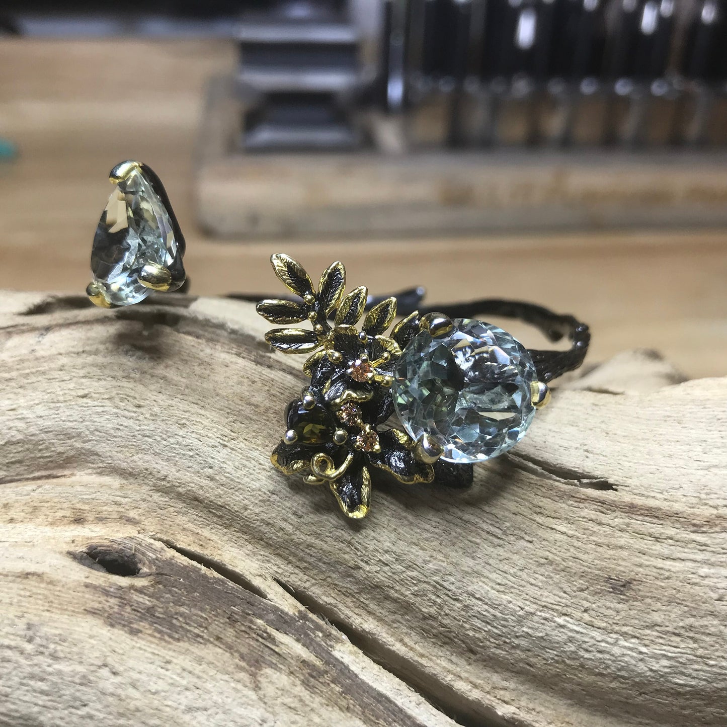 Sterling silver natural twig green amethyst cuff bracelet