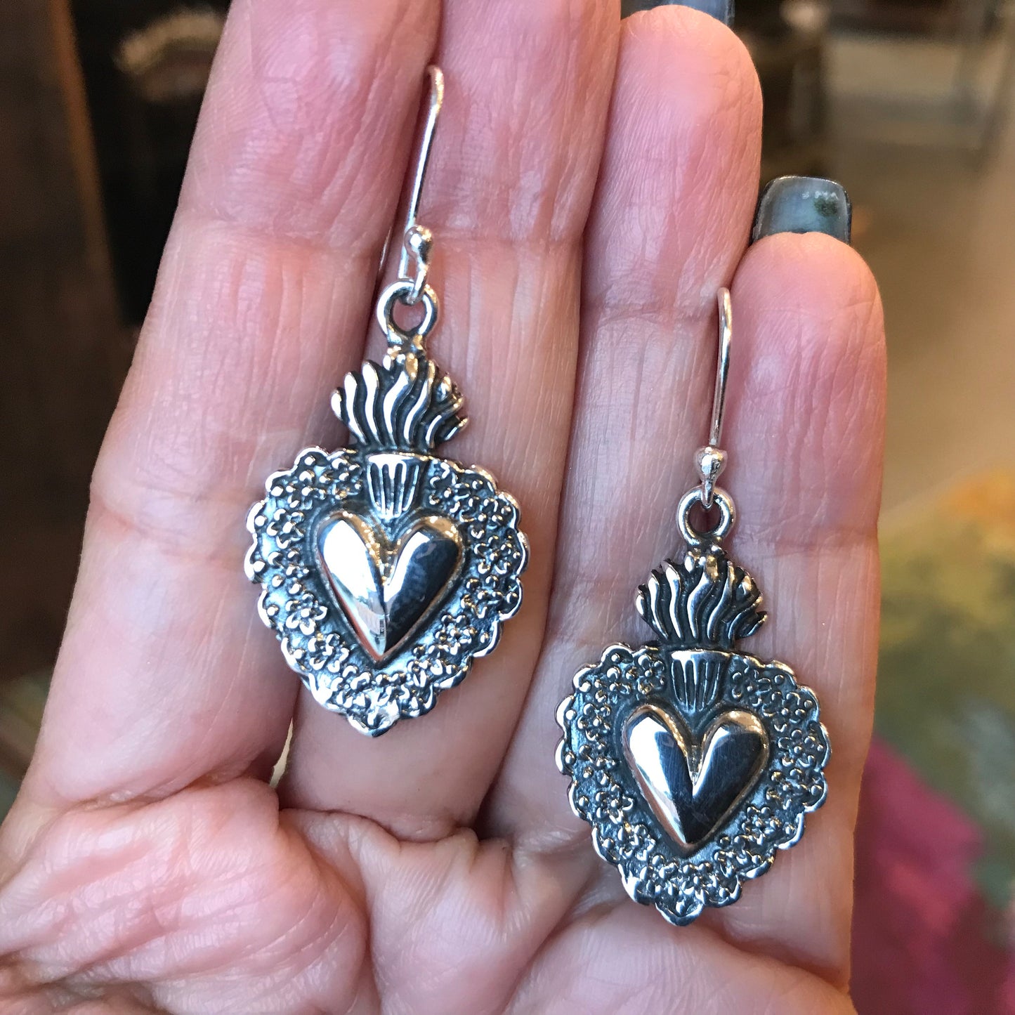 Sterling Silver Sacred heart flame Etnika dangle earrings
