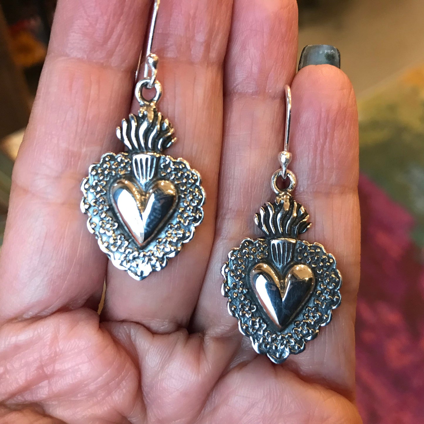 Sterling Silver Sacred heart flame Etnika dangle earrings