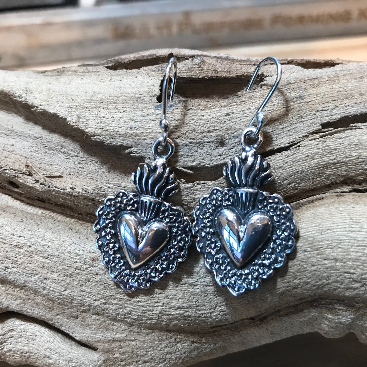 Sterling Silver Sacred heart flame Etnika dangle earrings
