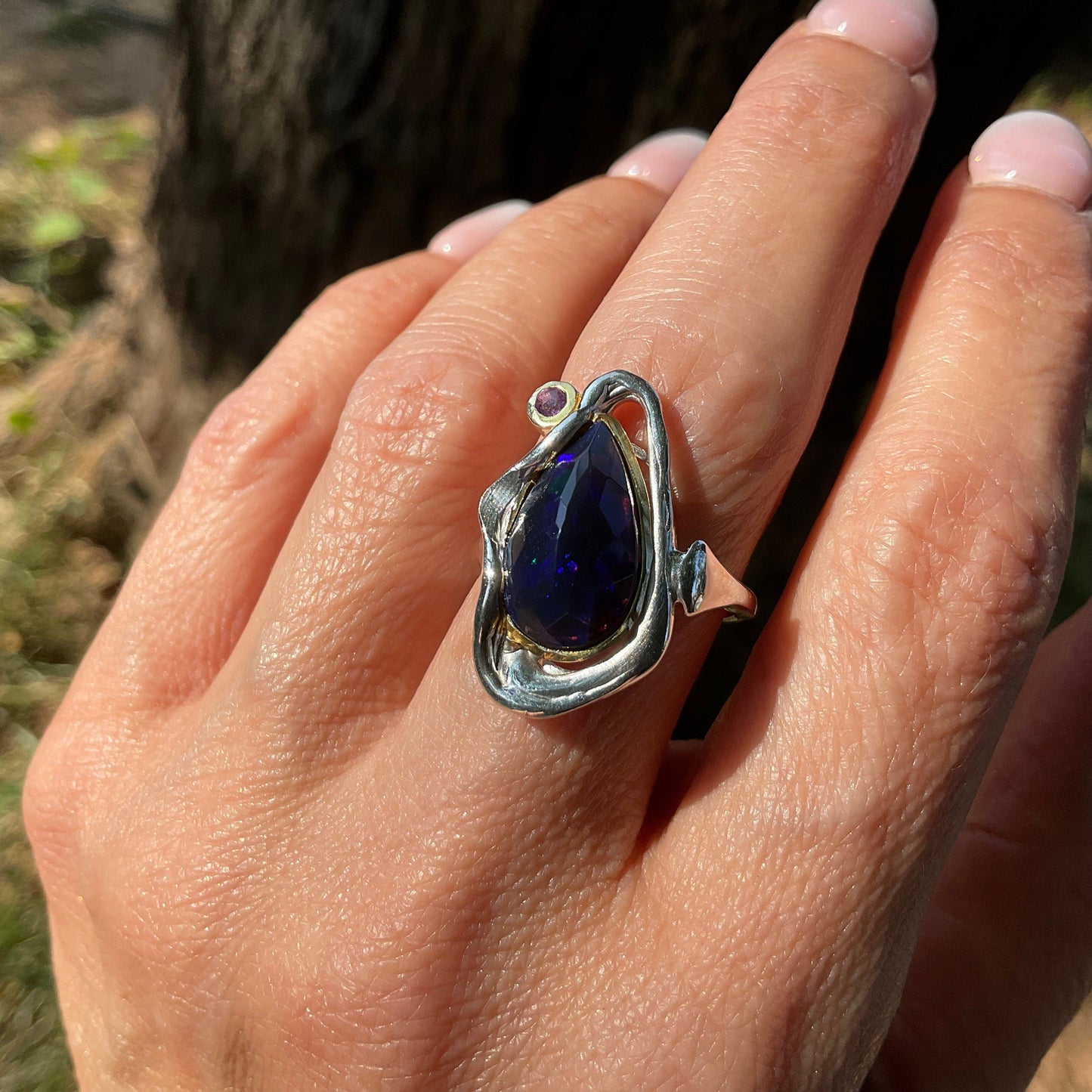 sterling silver natural Blue fire opal modernist band ring 8.5 Colors Of Etnika
