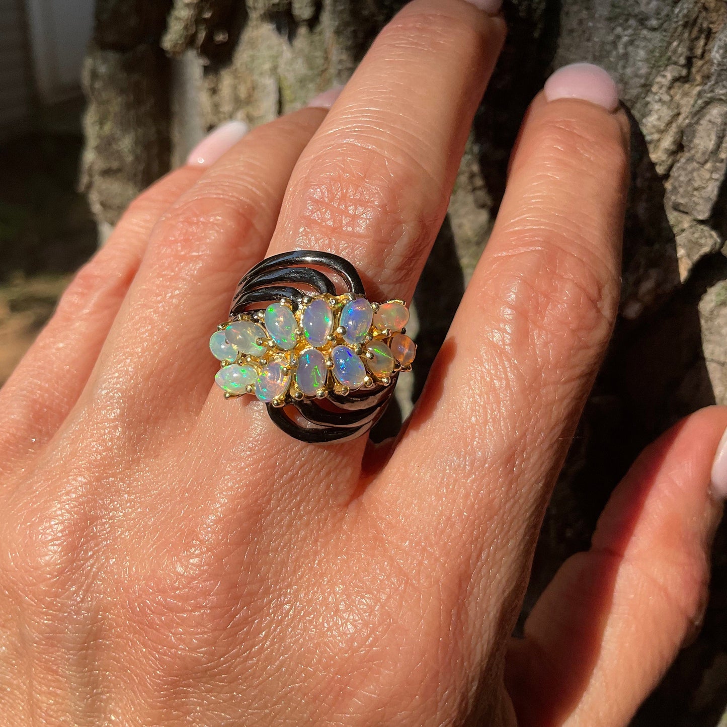 Sterling Silver Fire opal cluster band Ring 7.5 Colors Of Etnika