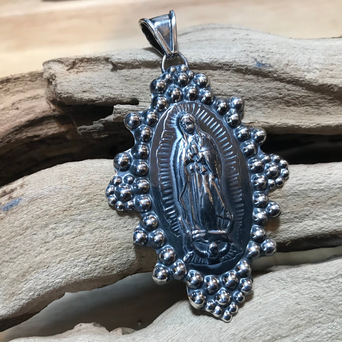 Sterling Silver Madonna Virgen de Guadalupe huge oversize pendant Colors Of Etnika