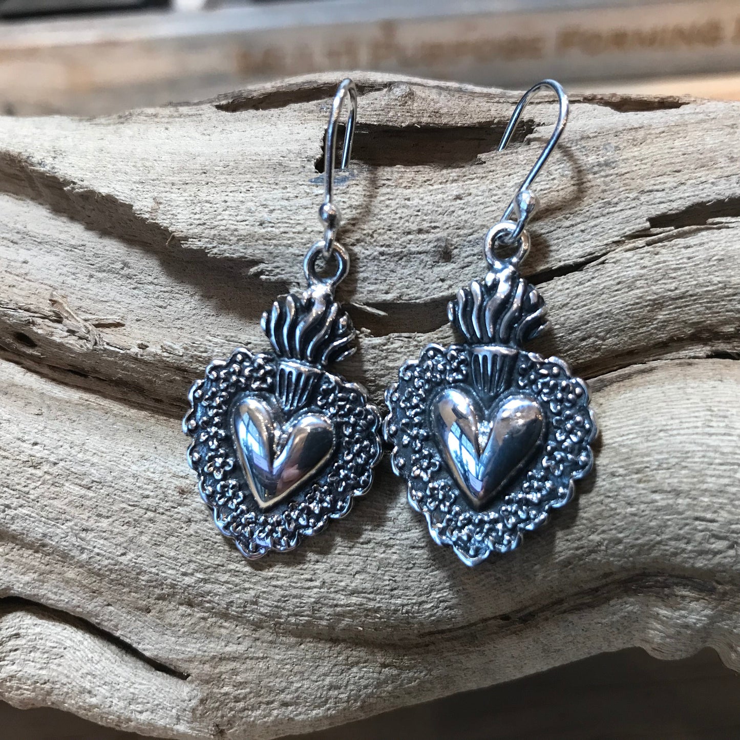 Sterling Silver Sacred heart flame Etnika dangle earrings