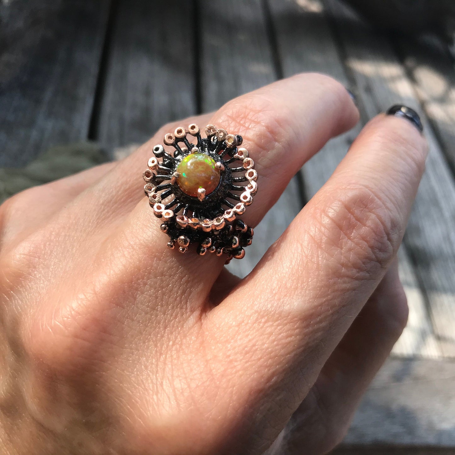 Natural Orange Rainbow opal organic abstract Sterling Silver Ring 6.5 Colors Of Etnika