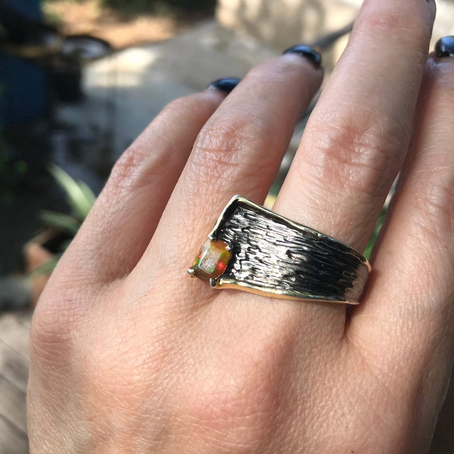 Natural Orange Rainbow opal modernist band Sterling Silver Ring 8.5 Colors Of Etnika