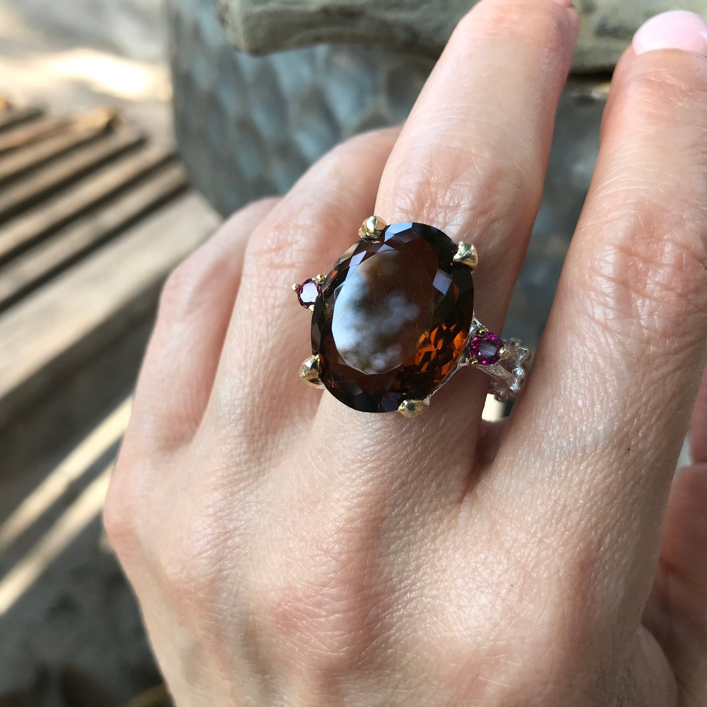 sterling silver cognac quartz brutalist statement ring 9 Colors Of Etnika