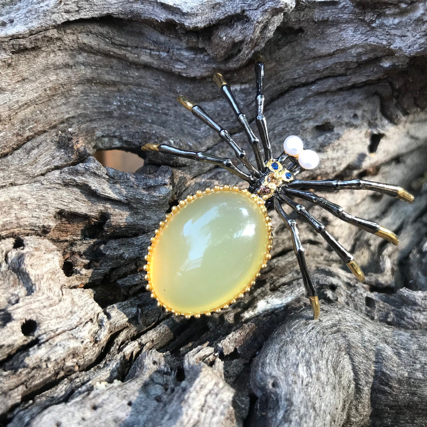 Handmade Sterling Silver natural opal Pearl spider Brooch Pin Colors Of Etnika